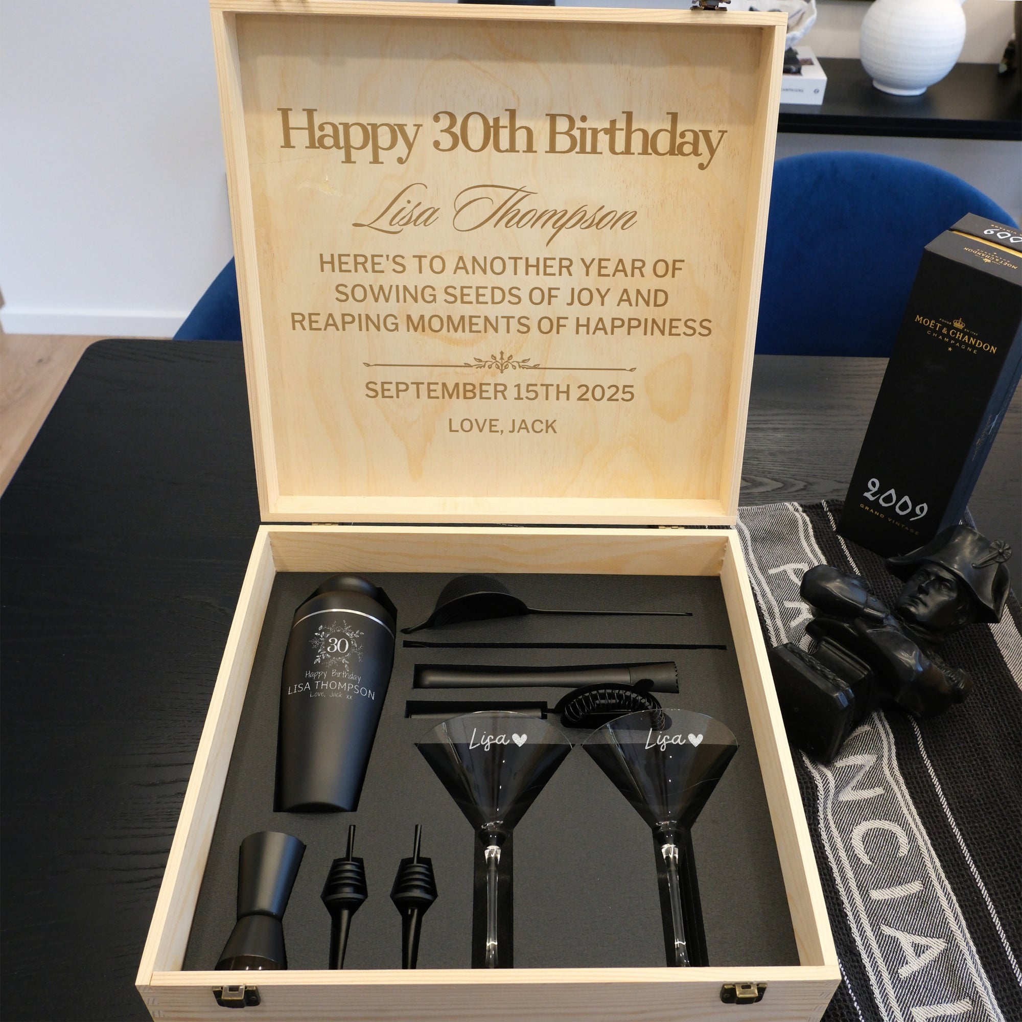 Personalised Cocktail Shaker Set of 9, Martini Glasses Pair & Custom Engraved Logo Wooden Box, Groomsman, Wedding, Birthday, Corporate Gift