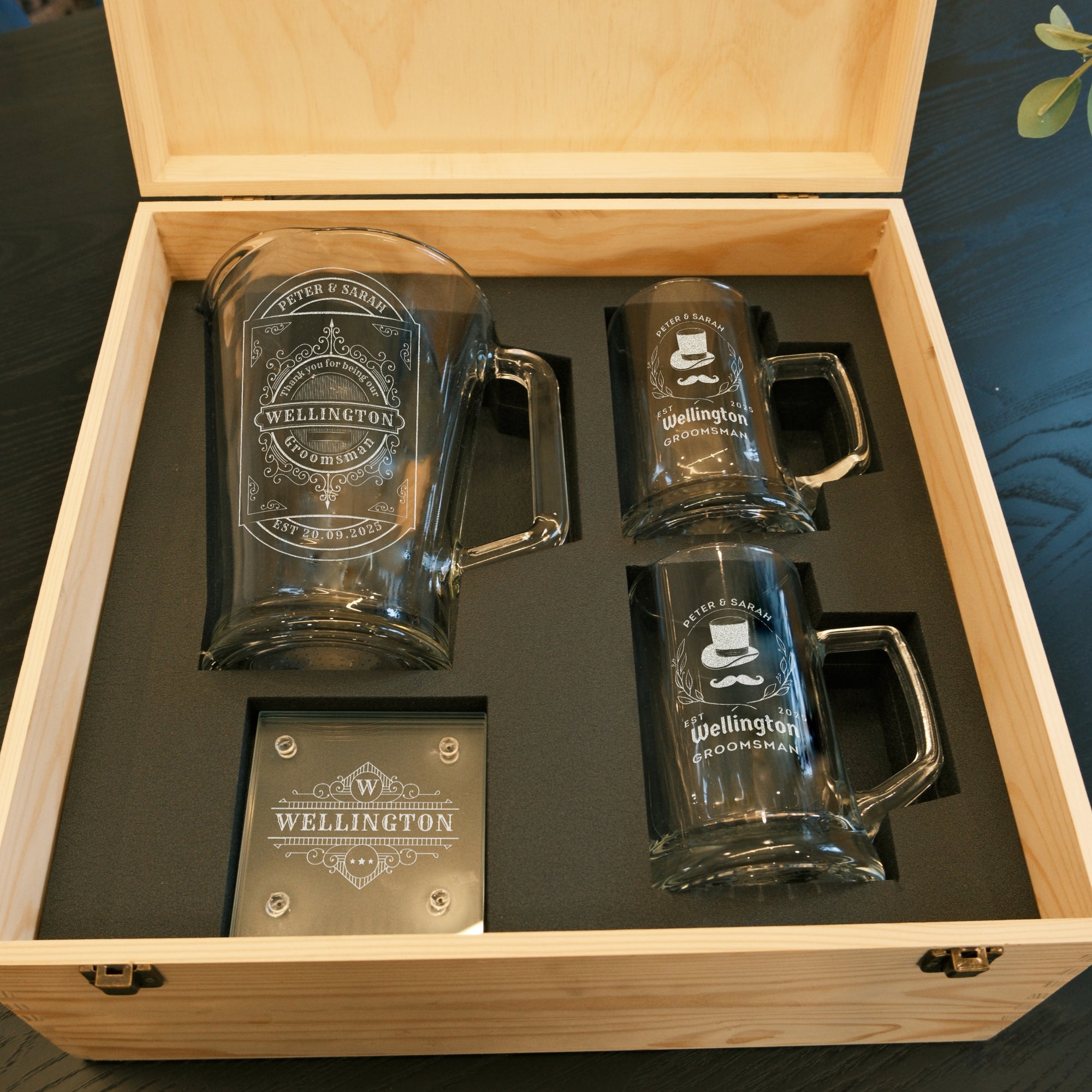 Personalised Crystal Glass Beer Jug Set with 2 Italia Mugs & Coasters in Custom Engraved Logo Wooden Box, Groomsman, Wedding, Corporate Gift