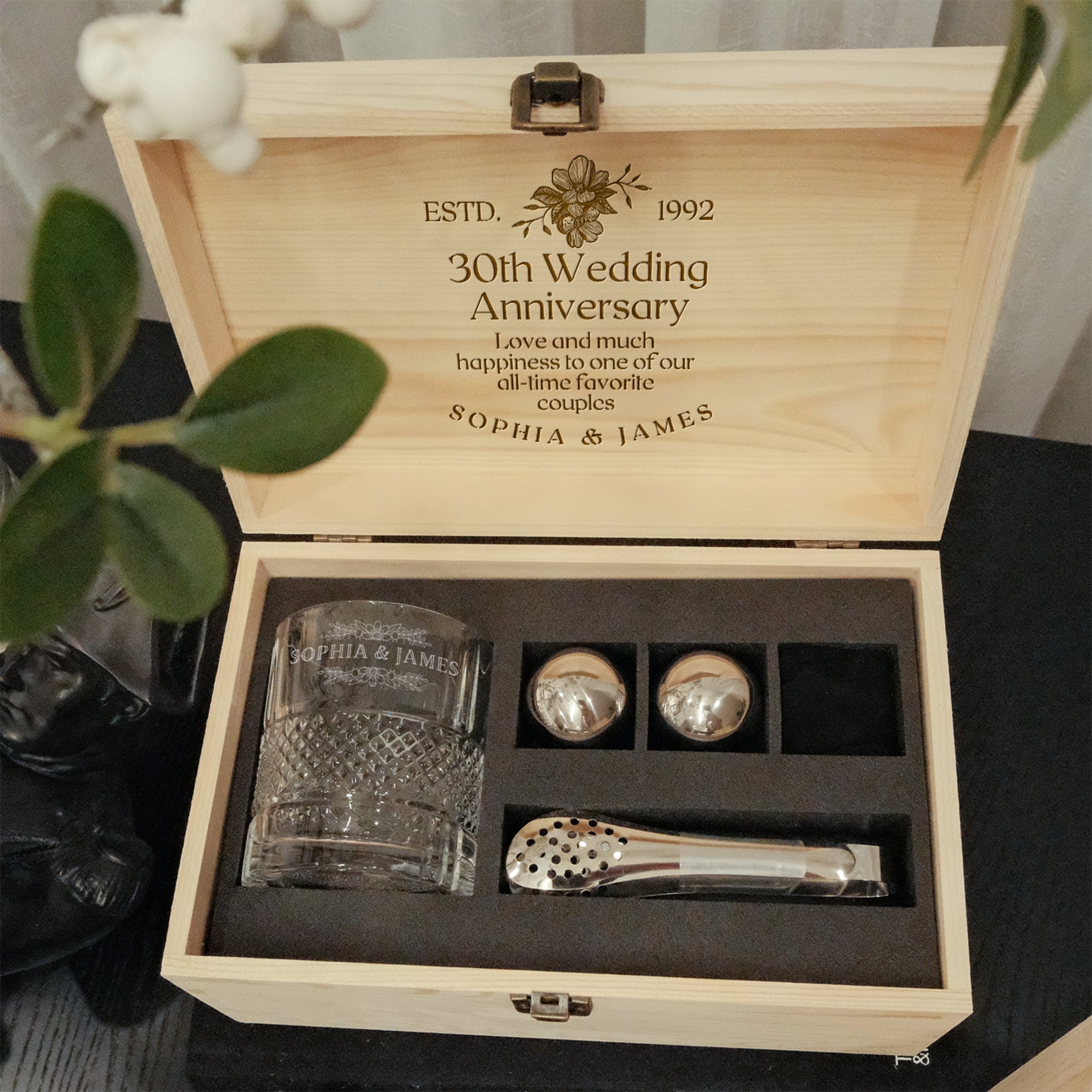 Personalised Deluxe Diamond Italian Crystal Whiskey Glass, 2 Chilling Balls, Tongs, Pouch & Engraved Wooden Box, Groomsman Barware Gift Set