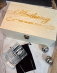 Personalised Deluxe Diamond Italian Crystal Whiskey Glass, 2 Chilling Balls, Tongs, Pouch & Engraved Wooden Box, Groomsman Barware Gift Set