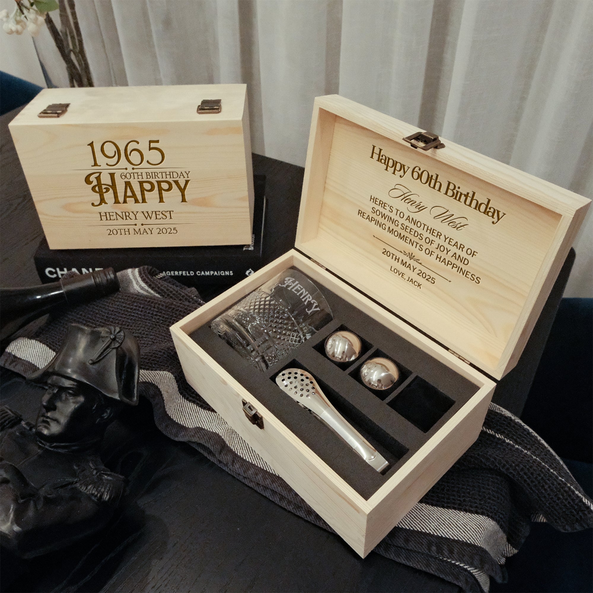 Personalised Deluxe Diamond Italian Crystal Whiskey Glass, 2 Chilling Balls, Tongs, Pouch & Engraved Wooden Box, Groomsman Barware Gift Set