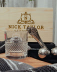 Personalised Deluxe Diamond Italian Crystal Whiskey Glass, 2 Chilling Balls, Tongs, Pouch & Engraved Wooden Box, Groomsman Barware Gift Set