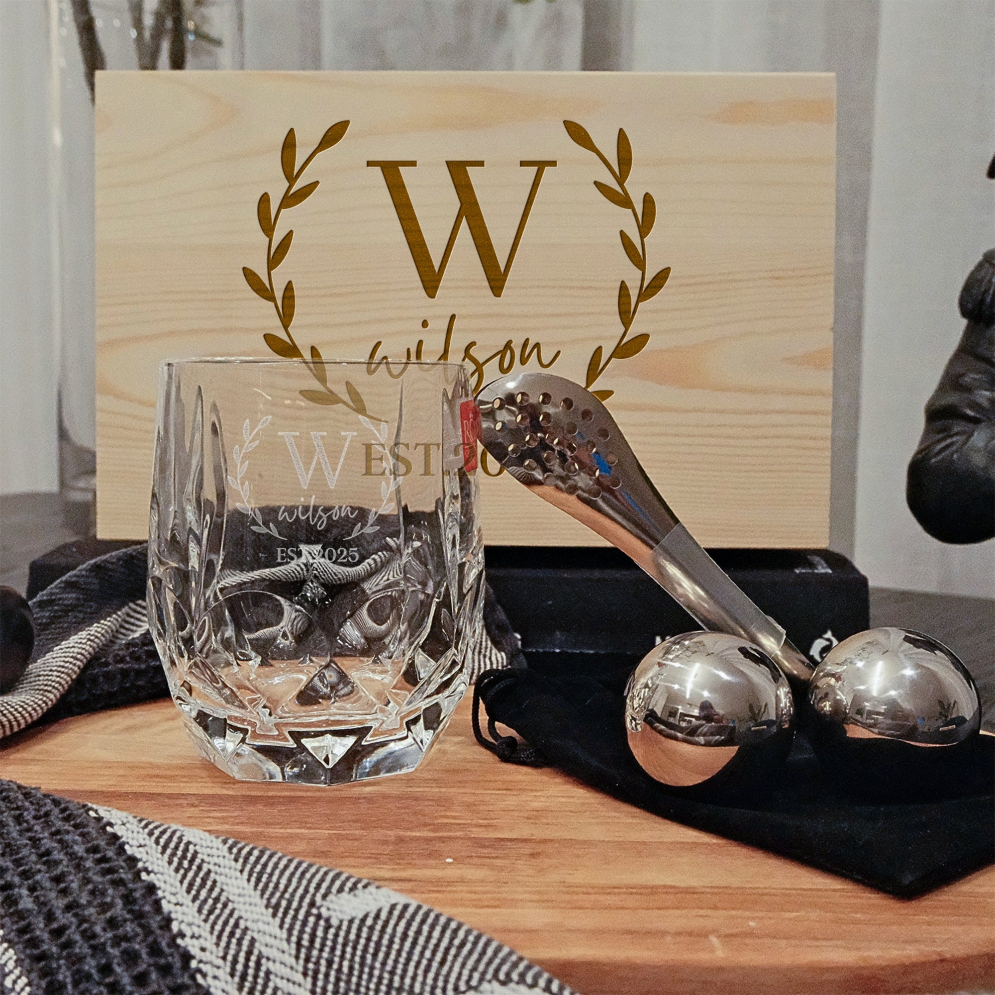 Personalised Deluxe Faceted Italian Crystal Whiskey Glass, 2 Chilling Balls, Tongs, Pouch & Engraved Wooden Box, Groomsman Barware Gift Set