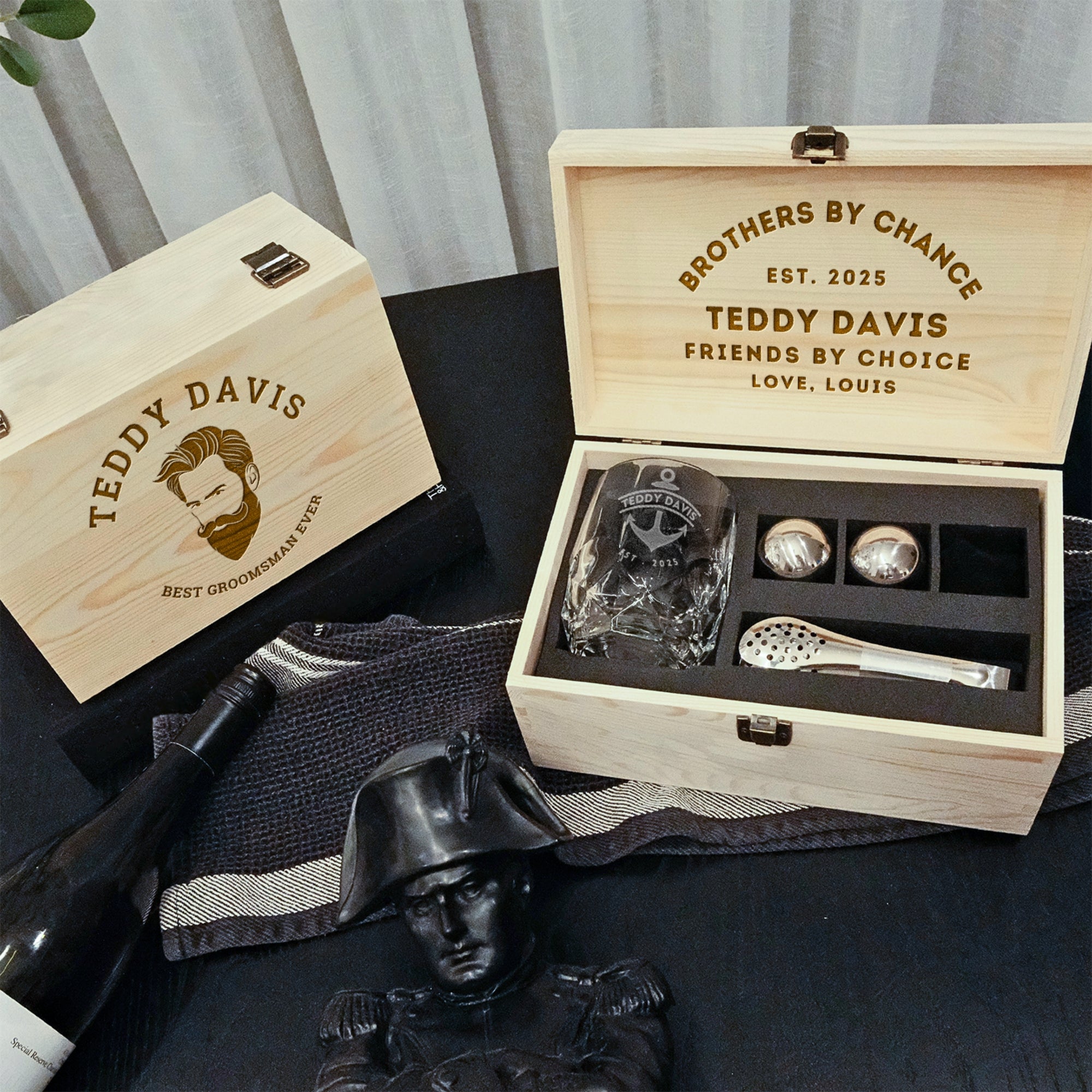 Personalised Deluxe Faceted Italian Crystal Whiskey Glass, 2 Chilling Balls, Tongs, Pouch & Engraved Wooden Box, Groomsman Barware Gift Set