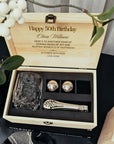 Personalised Deluxe Faceted Italian Crystal Whiskey Glass, 2 Chilling Balls, Tongs, Pouch & Engraved Wooden Box, Groomsman Barware Gift Set