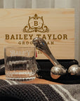 Personalised Deluxe Timeless Italian Crystal Whiskey Glass, 2 Chilling Balls, Tongs, Pouch & Engraved Wooden Box, Groomsman Barware Gift Set