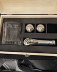 Personalised Deluxe Timeless Italian Crystal Whiskey Glass, 2 Chilling Balls, Tongs, Pouch & Engraved Wooden Box, Groomsman Barware Gift Set