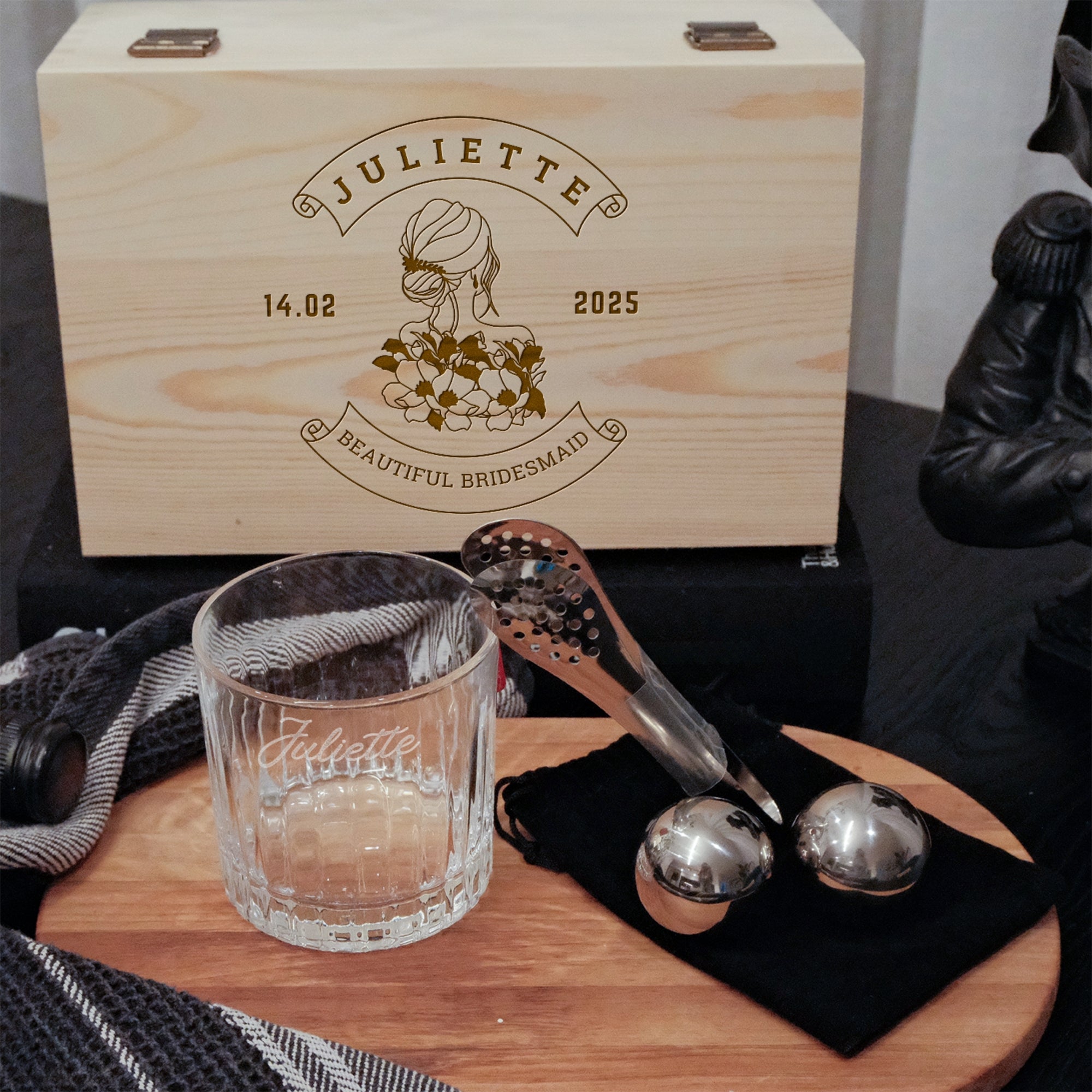 Personalised Deluxe Timeless Italian Crystal Whiskey Glass, 2 Chilling Balls, Tongs, Pouch & Engraved Wooden Box, Groomsman Barware Gift Set