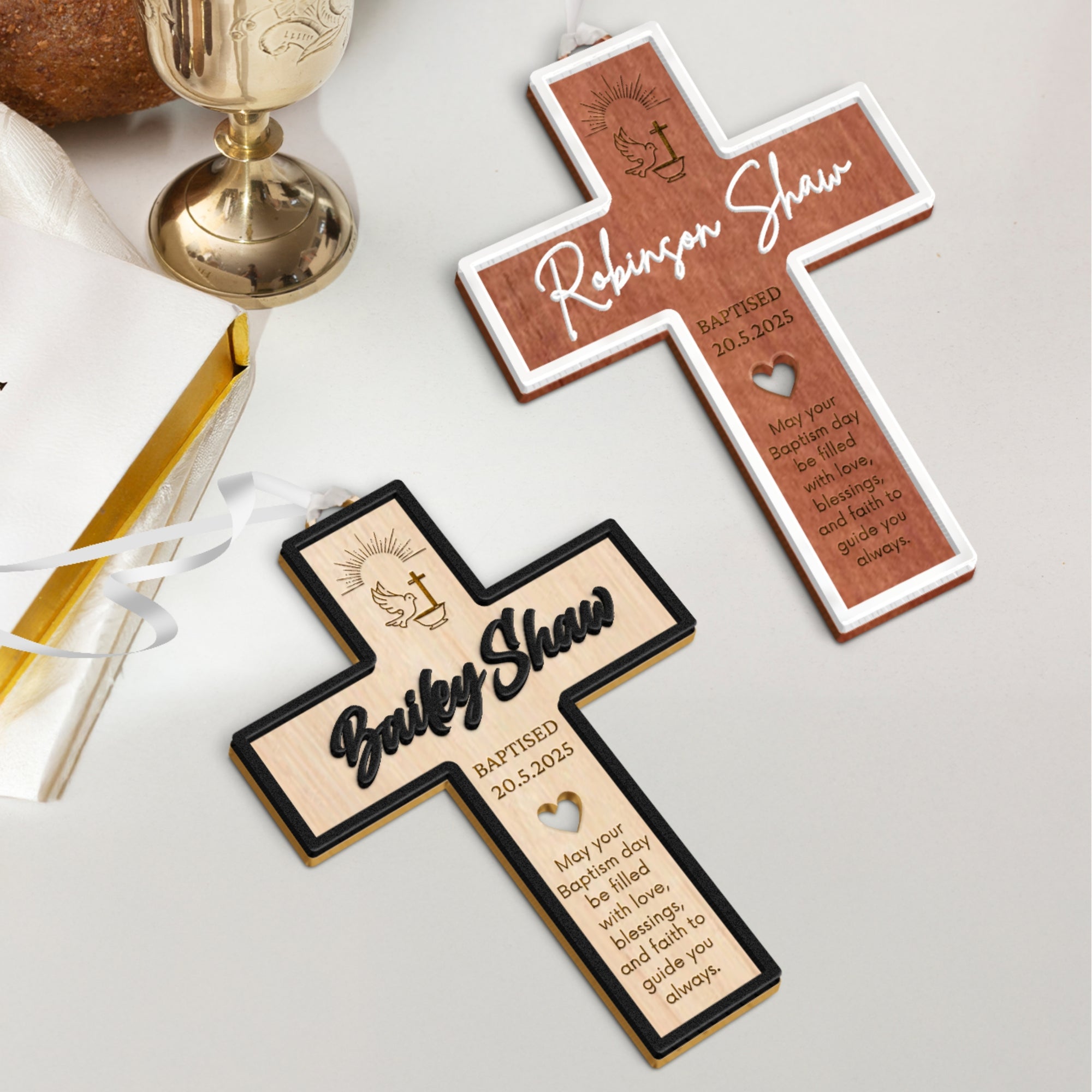 Personalised Double Layers 3D Acrylic & Wooden Christening Cross, Custom Religious Name Sign Baptism Newborn Birthday, Wedding Memorial Gift