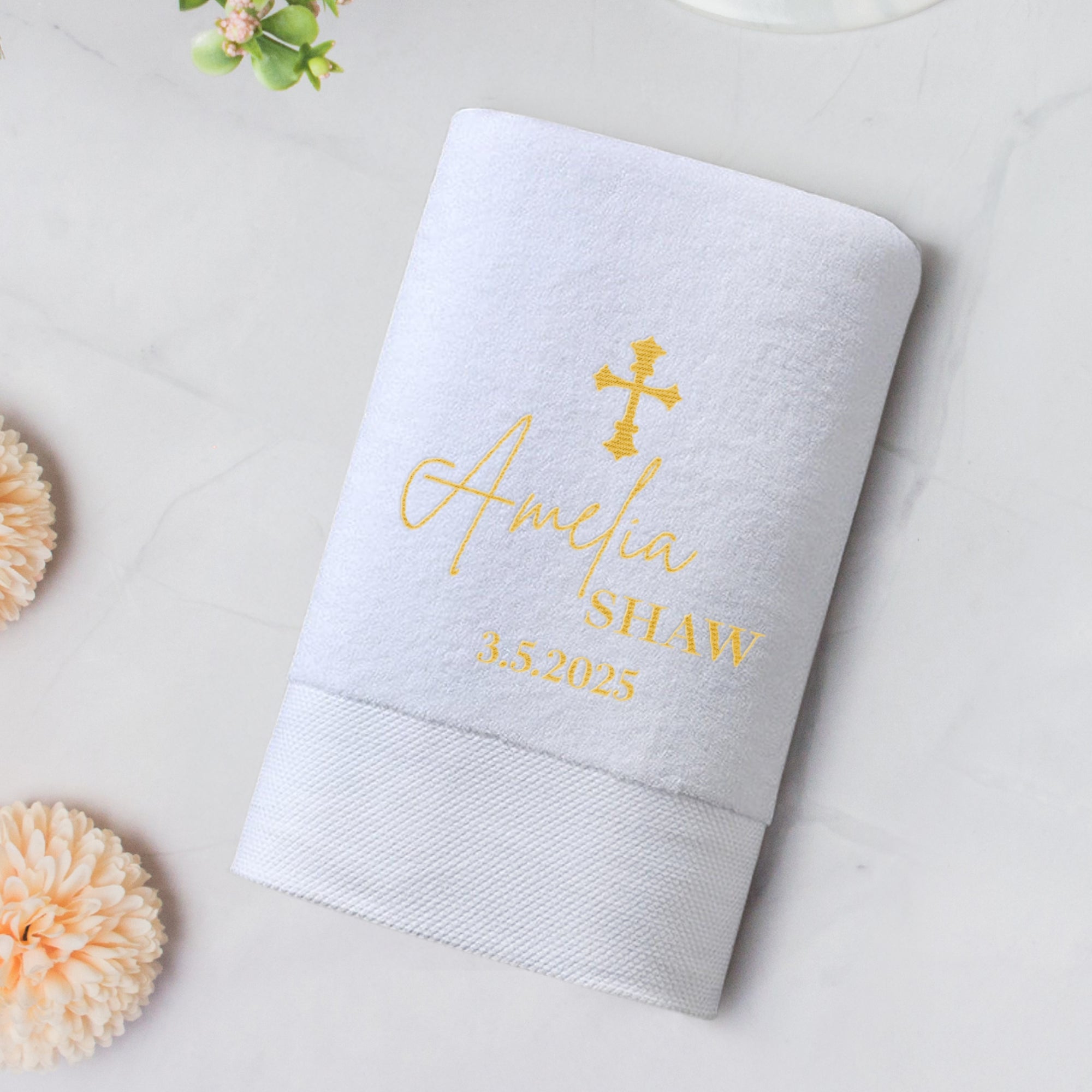 Personalised Embroidered Christening Baptism White Bath Towel, Custom Name Logo Newborn Baby Shower Gift, Godchild, Church Children Keepsake