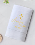 Personalised Embroidered Christening Baptism White Bath Towel, Custom Name Logo Newborn Baby Shower Gift, Godchild, Church Children Keepsake