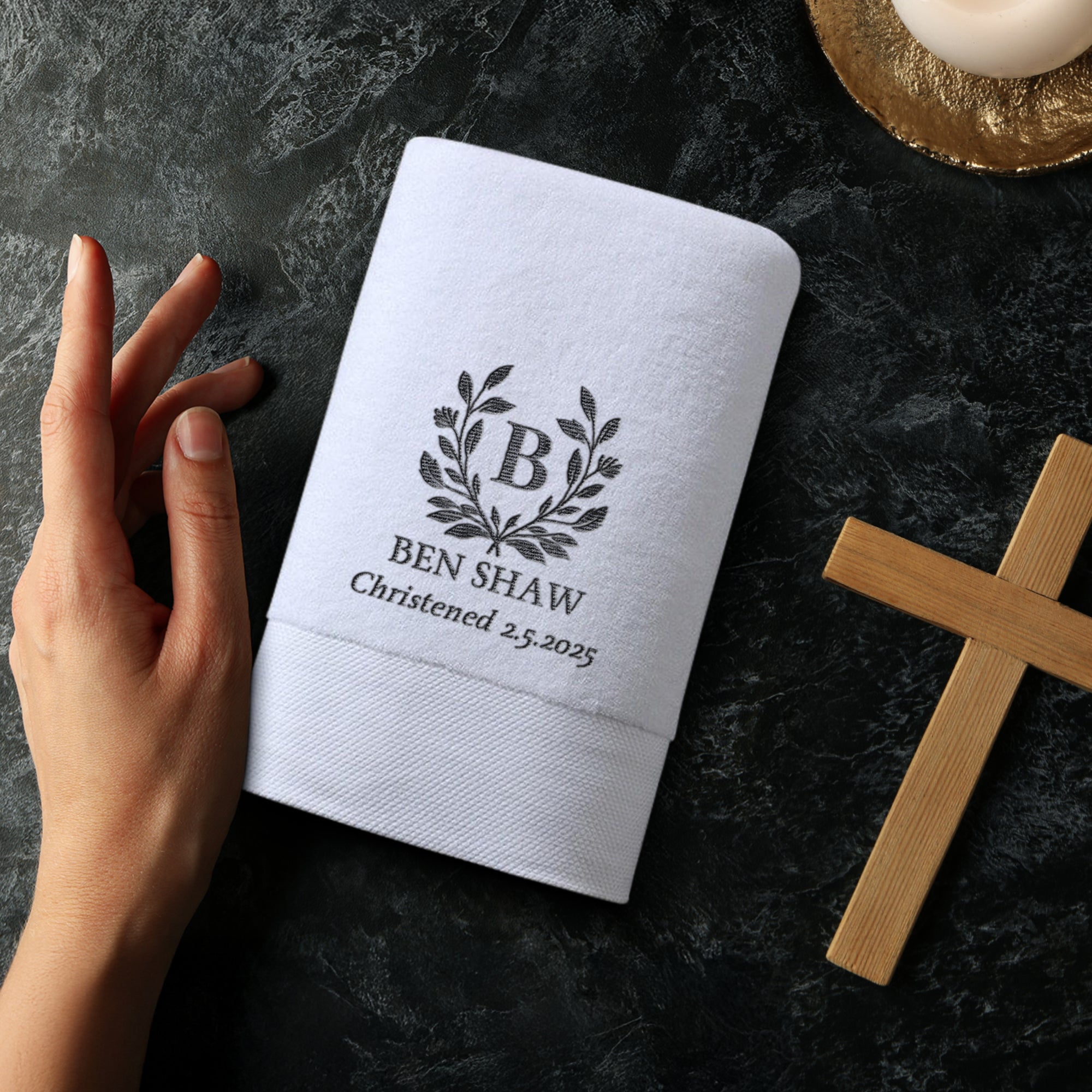 Personalised Embroidered Christening Baptism White Bath Towel, Custom Name Logo Newborn Baby Shower Gift, Godchild, Church Children Keepsake