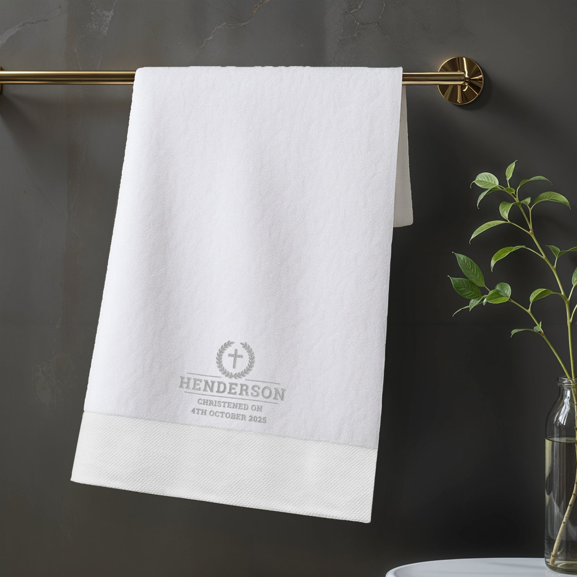 Personalised Embroidered Christening Baptism White Bath Towel, Custom Name Logo Newborn Baby Shower Gift, Godchild, Church Children Keepsake