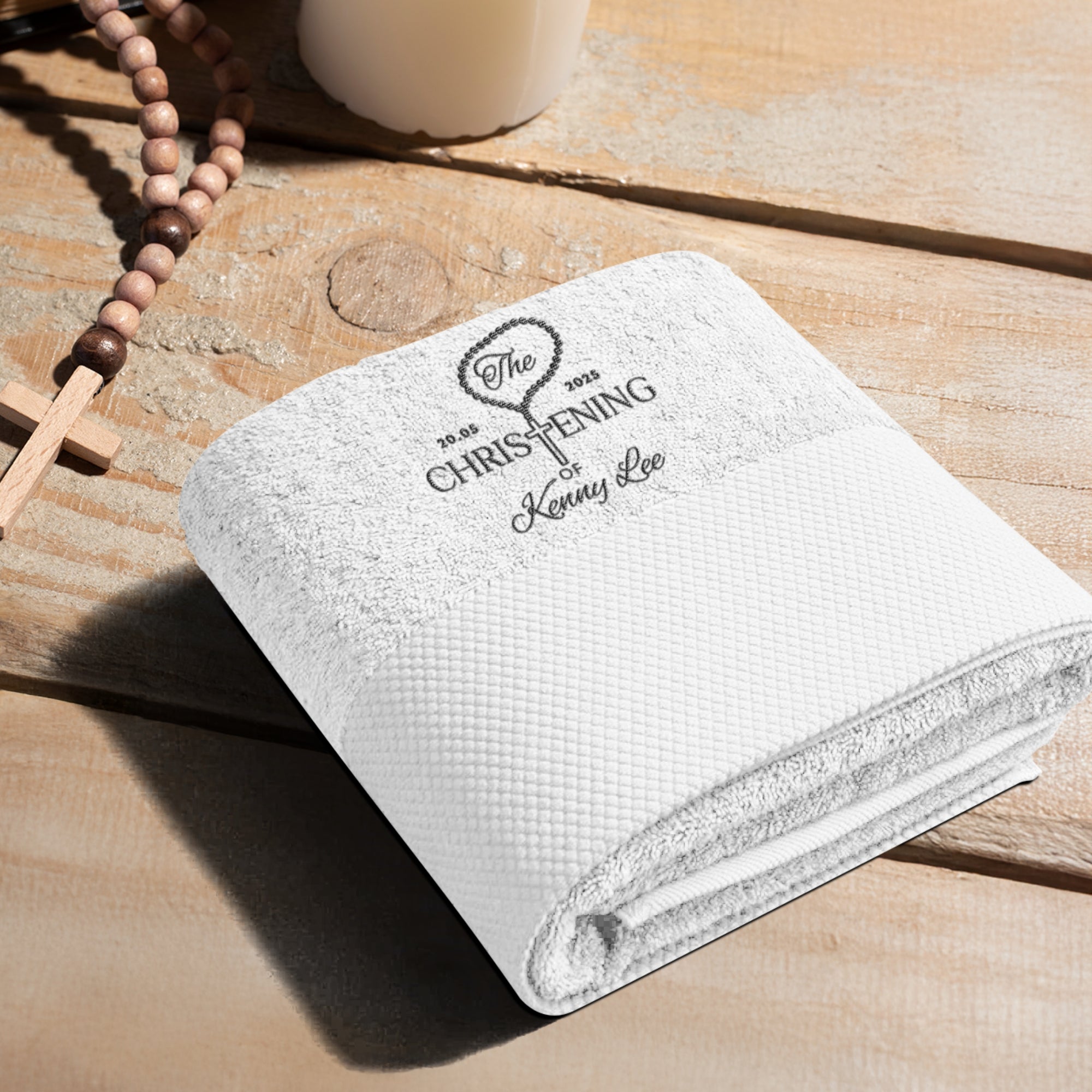 Personalised Embroidered Christening Baptism White Bath Towel, Custom Name Logo Newborn Baby Shower Gift, Godchild, Church Children Keepsake