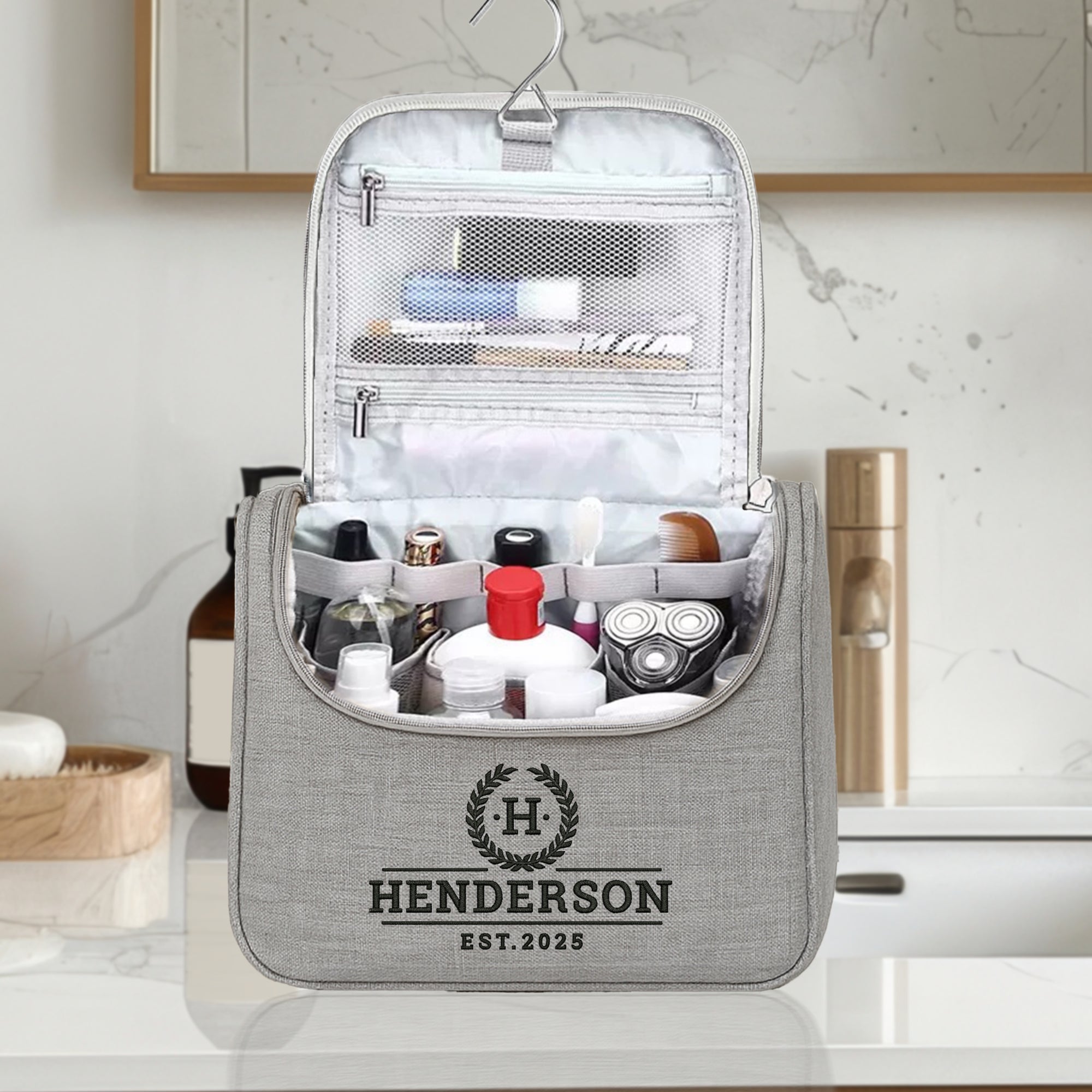 Personalised Embroidered Hanging Toiletry Bag, Custom Travel Organiser, Lightweight Cosmetic Storage, Camping, Business Trip Bridesmaid Gift