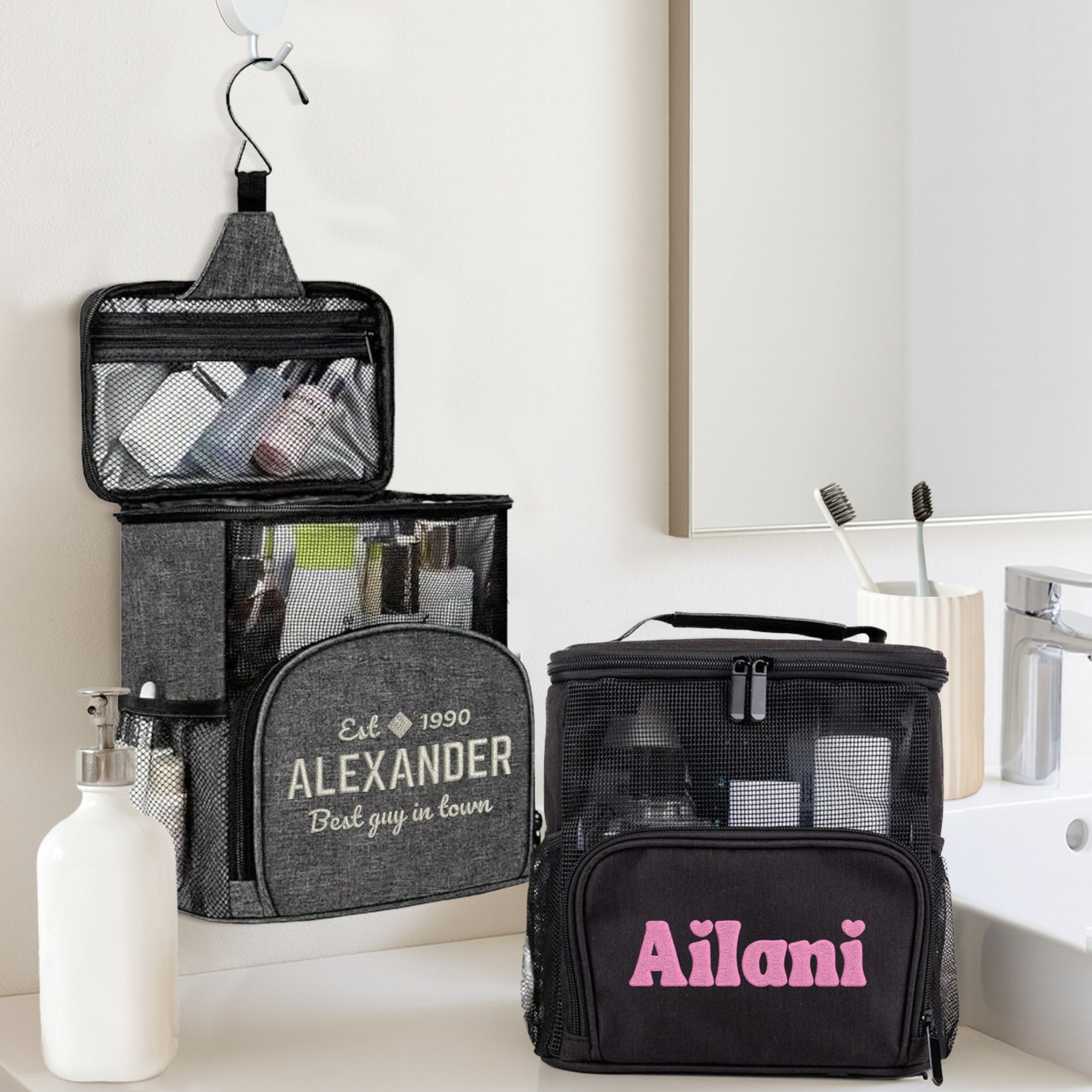 Personalised Embroidered Toiletry Bag, Travel Shower Caddy Hanging Bathroom Storage Zip Bag Camping Dorm Organiser Groomsmen Bridesmaid Gift