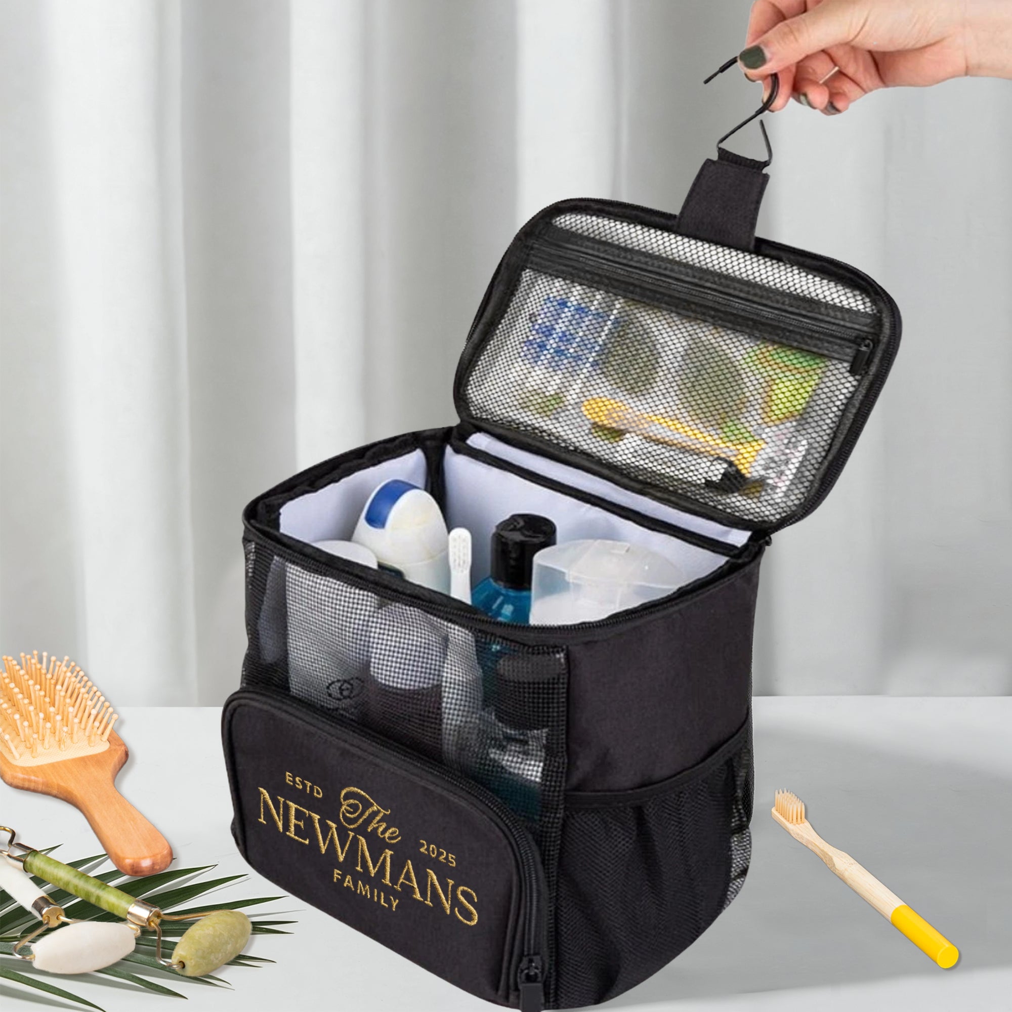 Personalised Embroidered Toiletry Bag, Travel Shower Caddy Hanging Bathroom Storage Zip Bag Camping Dorm Organiser Groomsmen Bridesmaid Gift