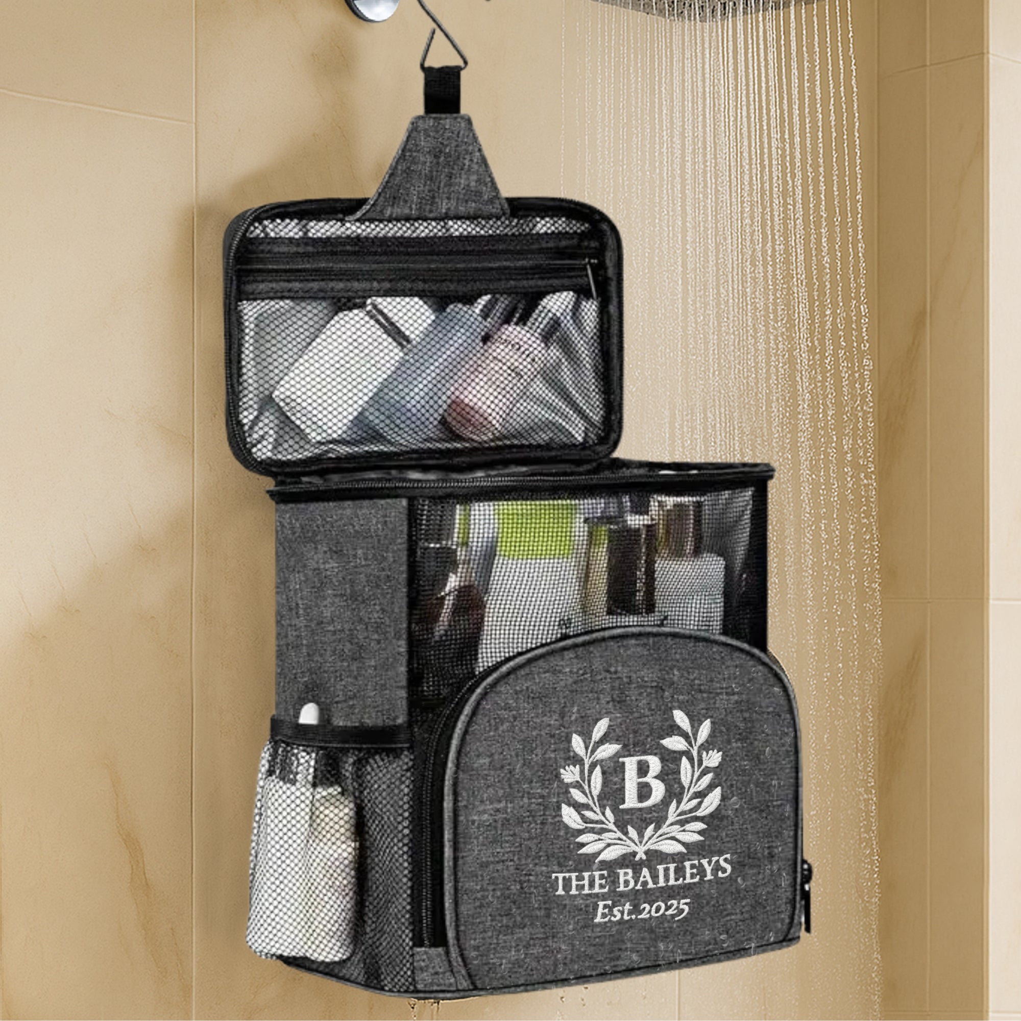 Personalised Embroidered Toiletry Bag, Travel Shower Caddy Hanging Bathroom Storage Zip Bag Camping Dorm Organiser Groomsmen Bridesmaid Gift