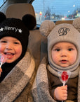 Personalised Embroidery Baby Pom Pom Ear Knitted Beanie & Neck Warmer, Custom Name Newborn Winter Hat, Kid Infant Birthday, Christening Gift