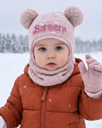 Personalised Embroidery Baby Pom Pom Ear Knitted Beanie & Neck Warmer, Custom Name Newborn Winter Hat, Kid Infant Birthday, Christening Gift