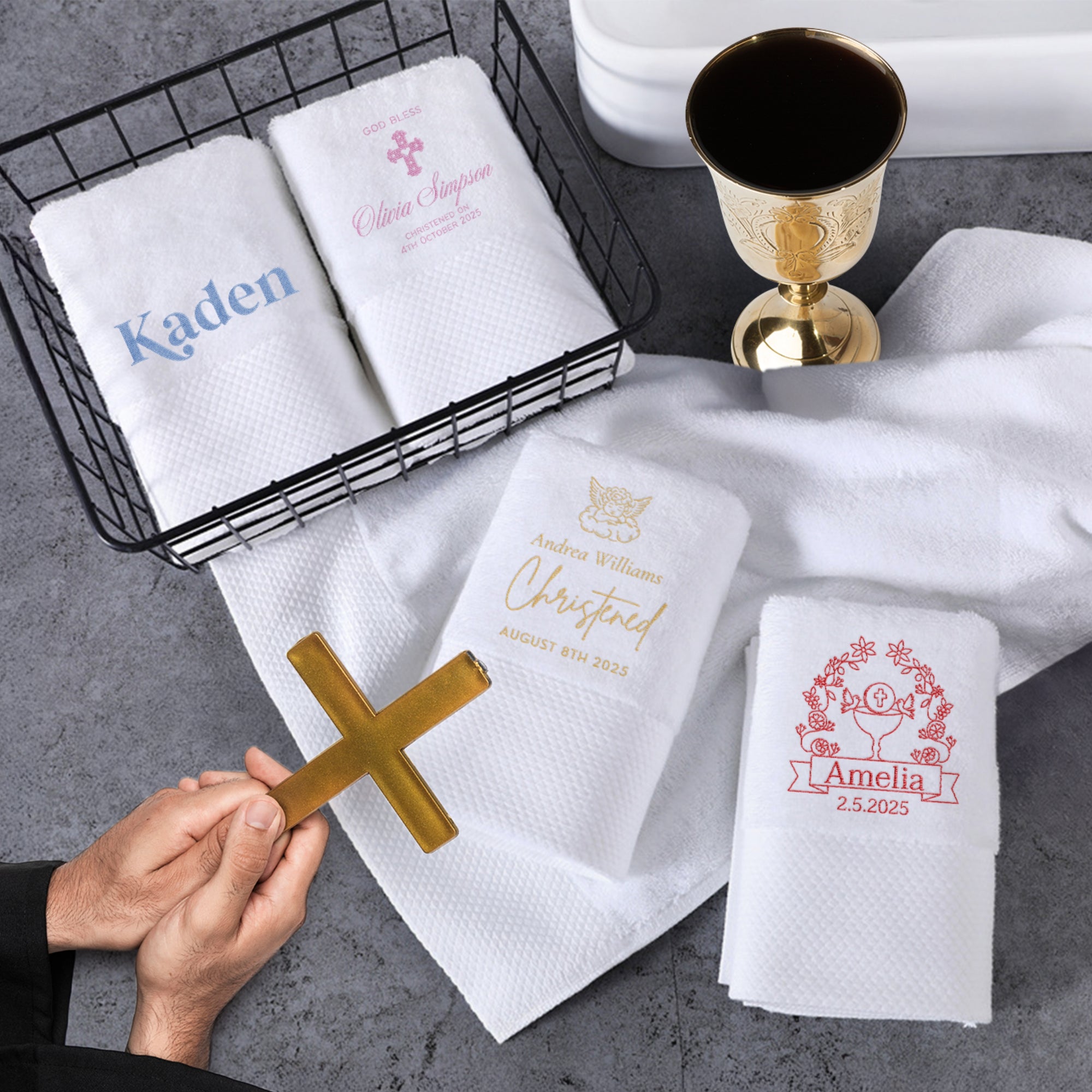 Personalised Embroidered Christening Baptism White Bath Towel, Custom Name Logo Newborn Baby Shower Gift, Godchild, Church Children Keepsake