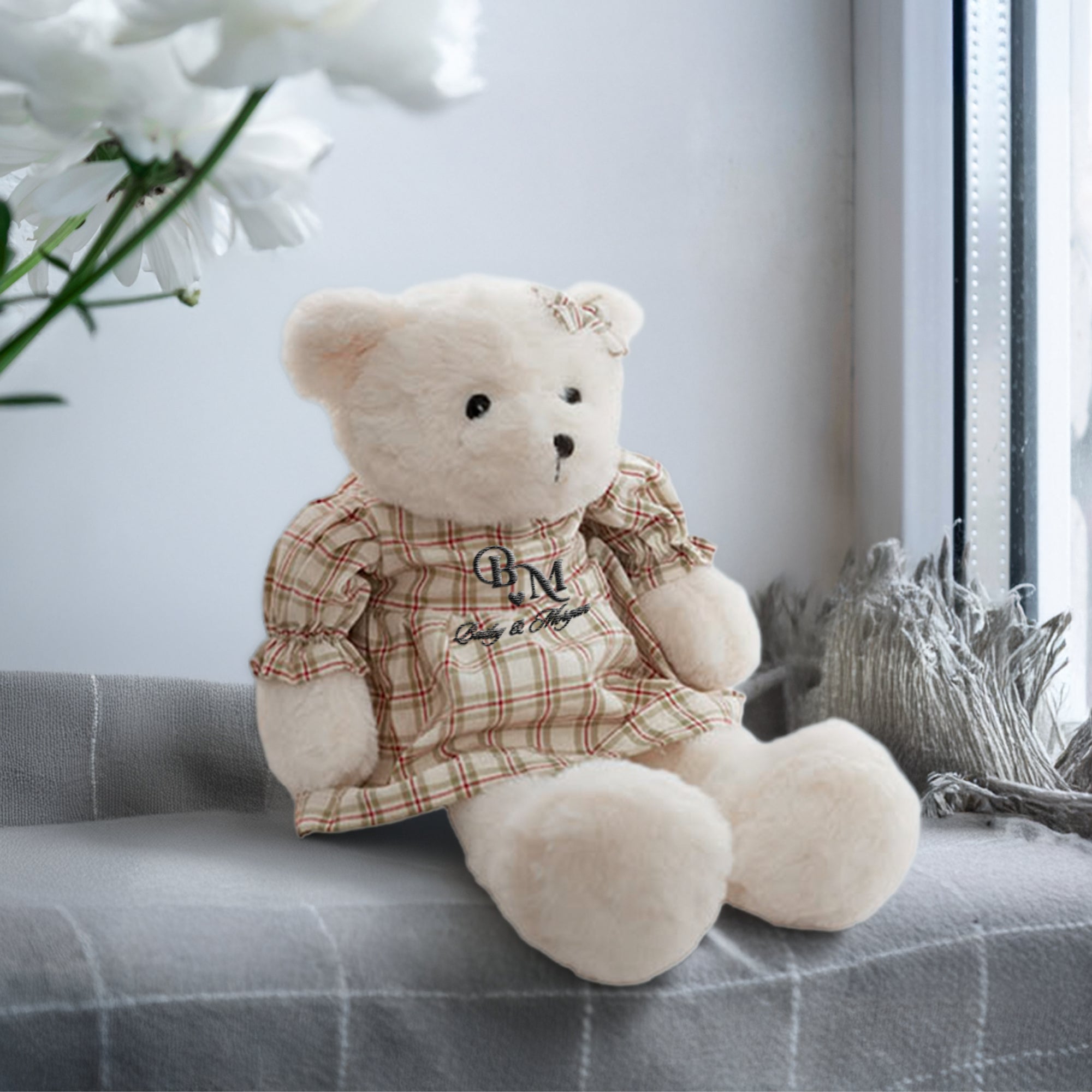 Personalised Embroidery Teddy Bear in Dress, Custom Embroidered Snuggle Plush Toy, Baby Shower Birthday, Mum Daughter Sisters Keepsake Gift