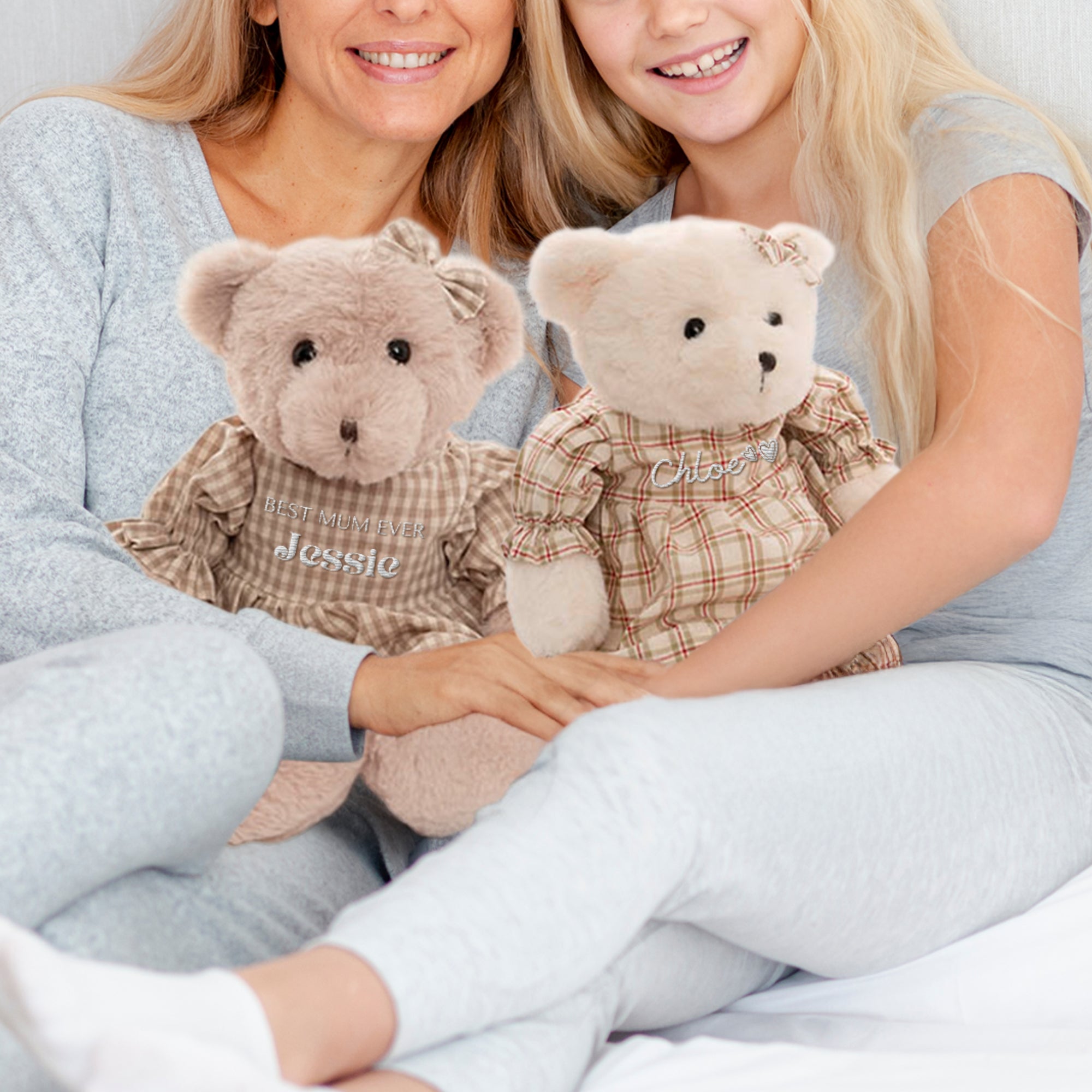 Personalised Embroidery Teddy Bear in Dress, Custom Embroidered Snuggle Plush Toy, Baby Shower Birthday, Mum Daughter Sisters Keepsake Gift