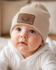Personalised Engraved Leatherette Patch Baby Knitted Beanie, Custom Name Newborn Winter Hat, Kid Infant Cap, First Birthday Christening Gift