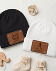Personalised Engraved Leatherette Patch Baby Knitted Beanie, Custom Name Newborn Winter Hat, Kid Infant Cap, First Birthday Christening Gift
