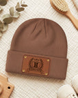 Personalised Engraved Leatherette Patch Baby Knitted Beanie, Custom Name Newborn Winter Hat, Kid Infant Cap, First Birthday Christening Gift