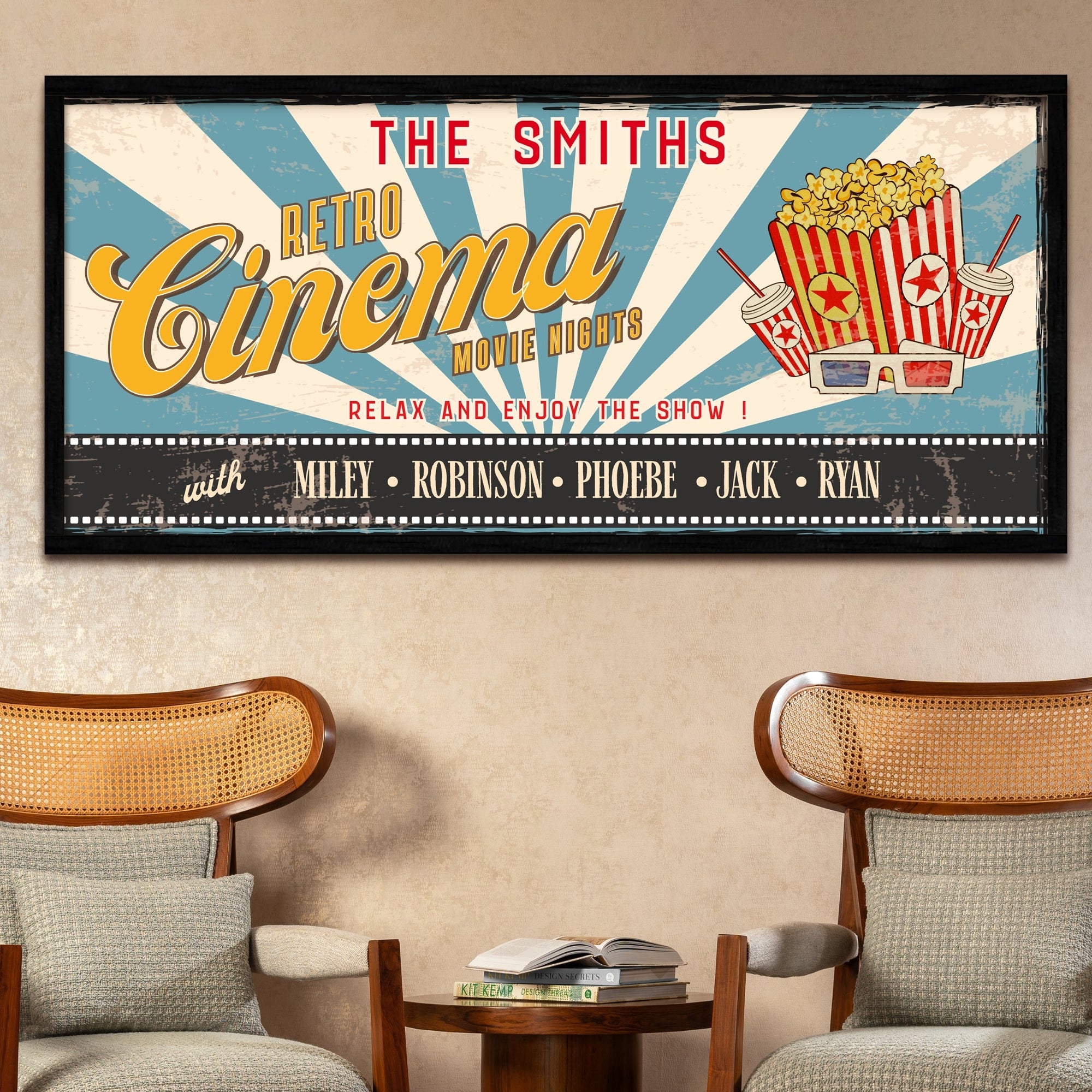 Personalised Family Home Cinema Retro Sign, Custom Print Wood Frame Vintage Wall Decor Popcorn Movie Night Theatre Signage Housewarming Gift