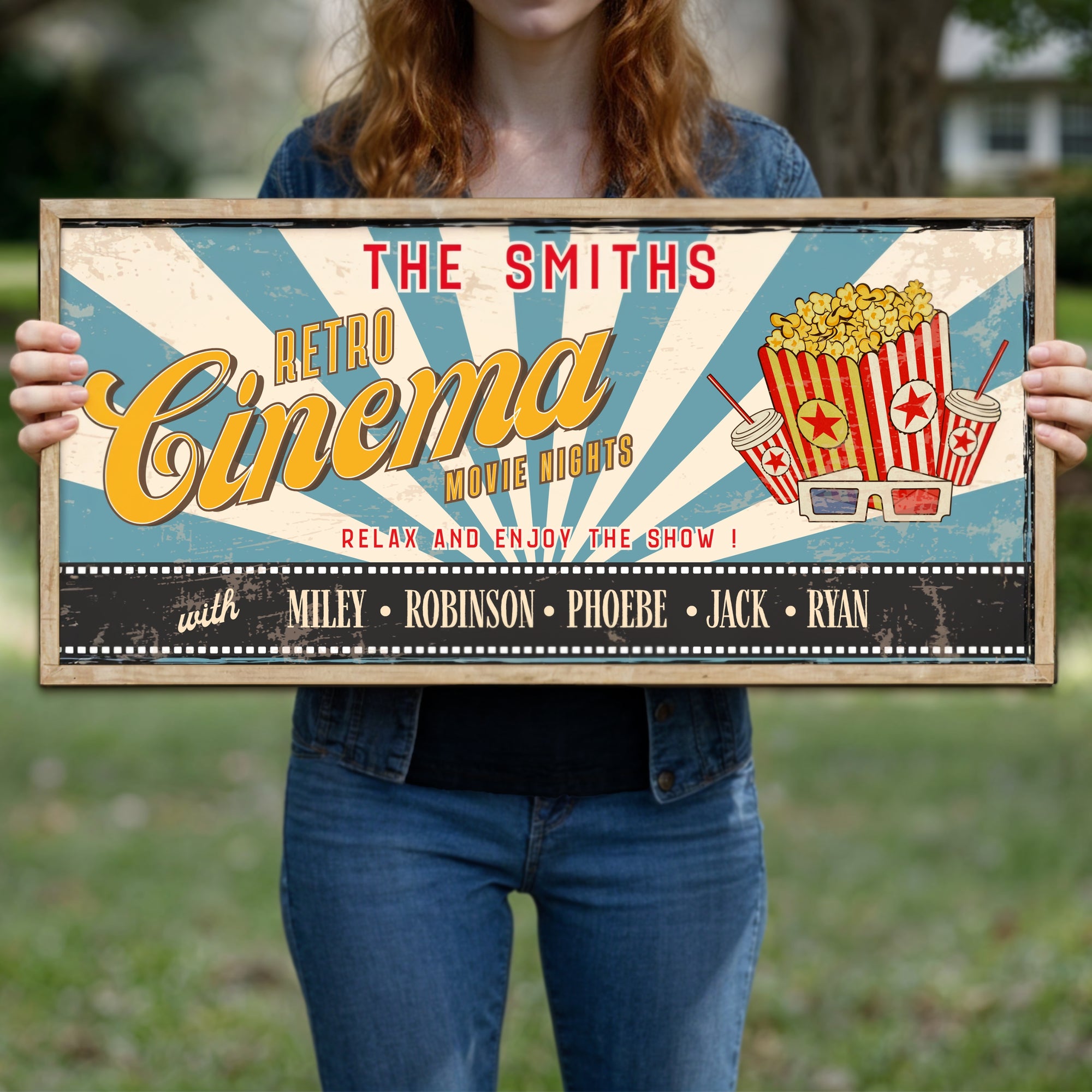 Personalised Family Home Cinema Retro Sign, Custom Print Wood Frame Vintage Wall Decor Popcorn Movie Night Theatre Signage Housewarming Gift