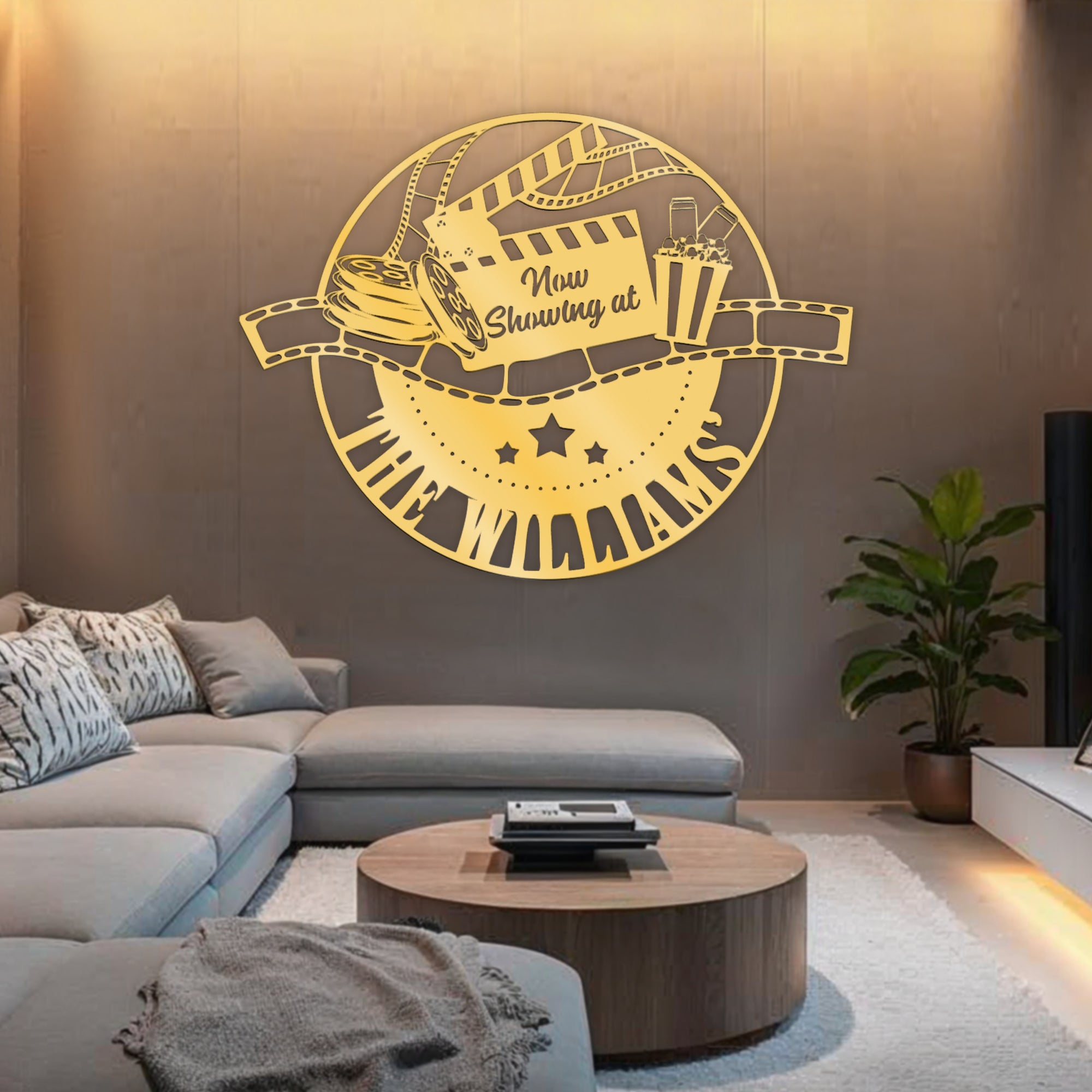 Personalised Family Movie Theme Hoop Sign, Custom Wood Acrylic Cinefilm Plaque Wall Art, Home Cinema Theatre Signage Decor Housewarming Gift