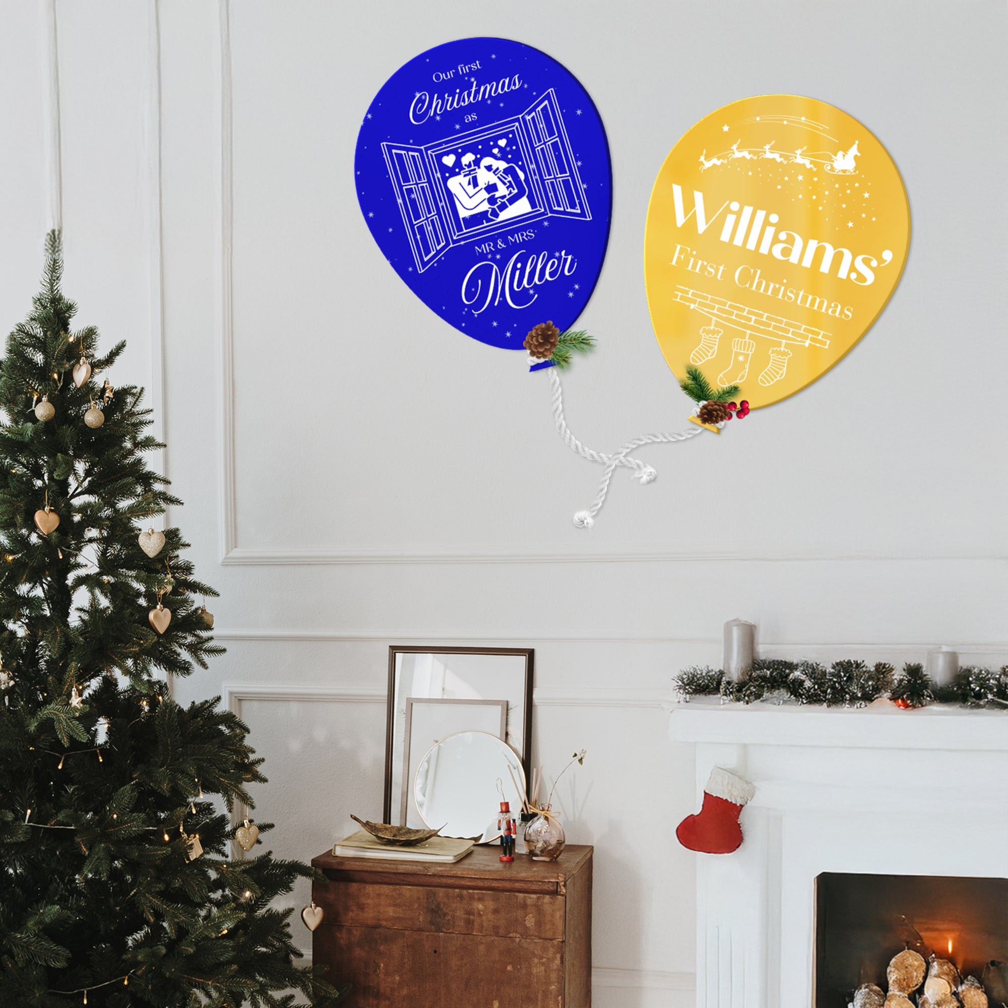 Personalised Family Name Christmas Acrylic Sign | Custom UV Printed Balloon, Holiday Gift, Party Celebration, First Xmas Signage Wall Decor