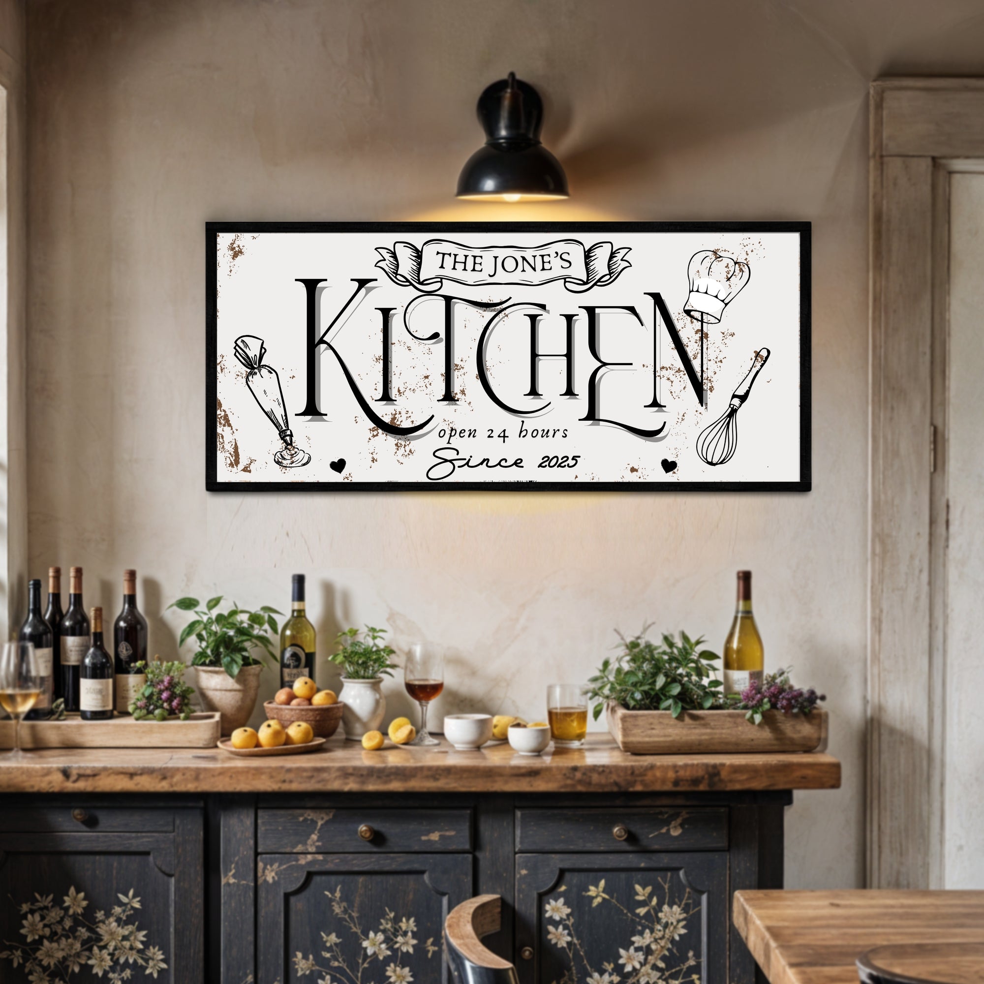 Personalised Family Name Farmhouse Kitchen Rustic Sign | Custom UV Print Wooden Frame Wall Decor, Rustic Homestead Signage Housewarming Gift