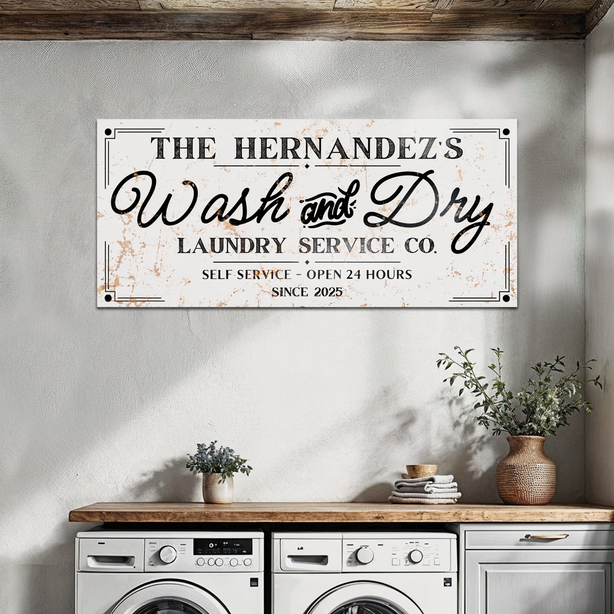 Personalised Family Name Farmhouse Rustic Sign | Custom UV Print Wash & Dry Wooden Frame Wall Decor, Laundry Room Signage, Housewarming Gift