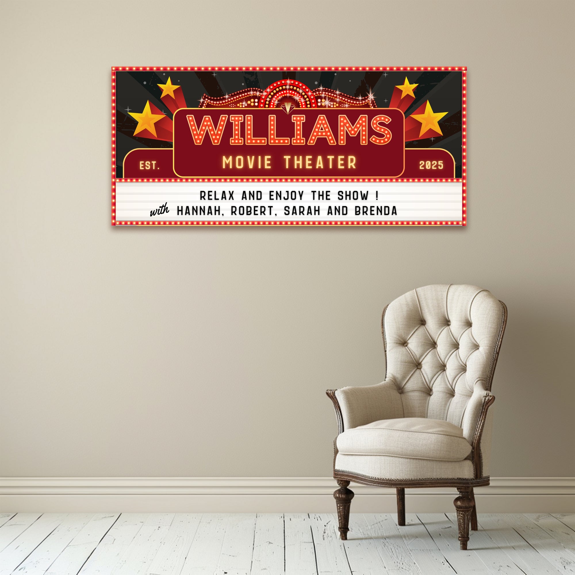 Personalised Family Name Home Cinema Pop Art Retro Sign, Custom Print Wood Frame Wall Decor Marquee Movie Theatre Signage, Housewarming Gift