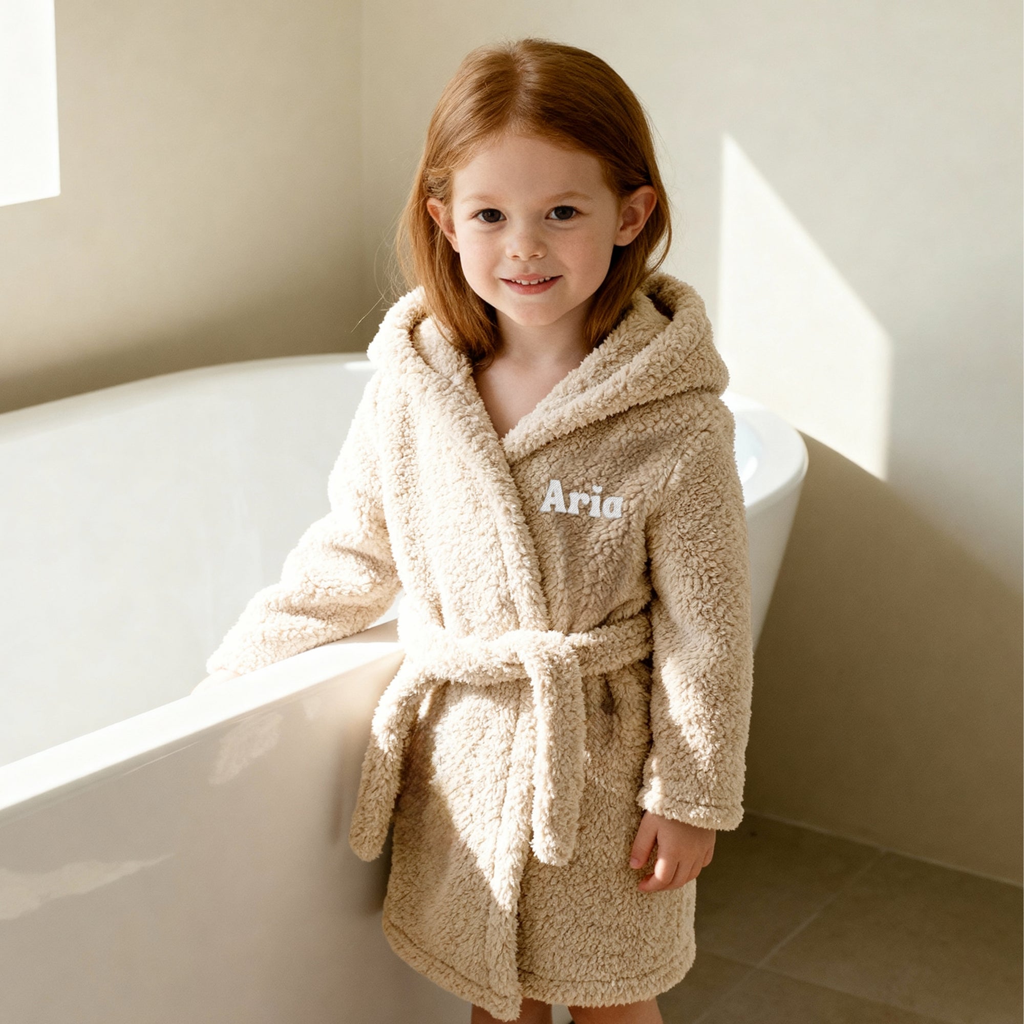 Personalised Fluffy Teddy Kid Bathrobe, Custom Name Embroidered Baby Dressing Gown Bear Ear Hooded Baby Robe, Christening Birthday Xmas Gift