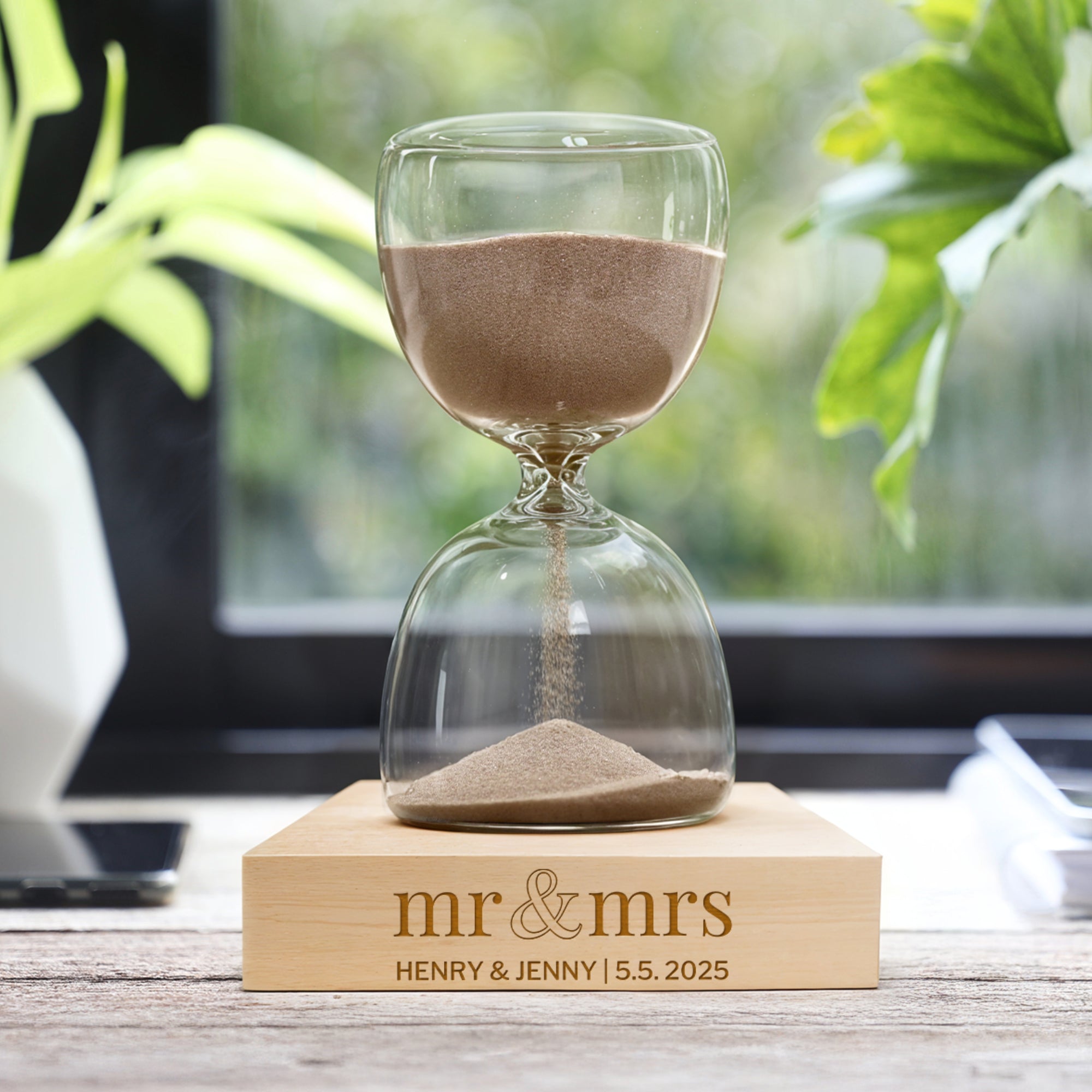 Personalised Glass Hourglass Timer & Wooden Base, Custom Engraved Sand Art Display Decor, Office Accessories, Anniversary Housewarming Gift