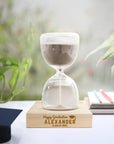 Personalised Glass Hourglass Timer & Wooden Base, Custom Engraved Sand Art Display Decor, Office Accessories, Anniversary Housewarming Gift
