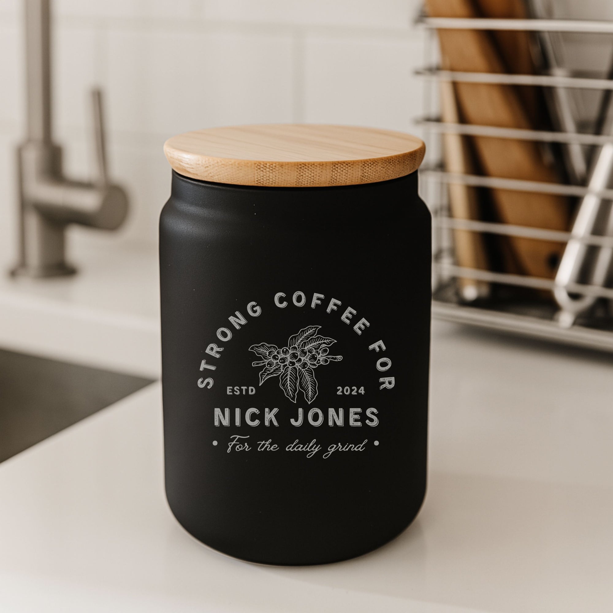 Personalised Black Glass Jar & Wooden Lid, Custom Etched Logo Jar, Coffee, Tea Storage, Cookie Lollies Canister, Housewarming, Mom Xmas Gift