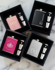 Personalised Glitter Steel 8oz Liquor Hip Flask, Funnel, Shot Glasses Set, Custom Engraved Bridesmaid Wedding Favour, Her Corporate Gift Box
