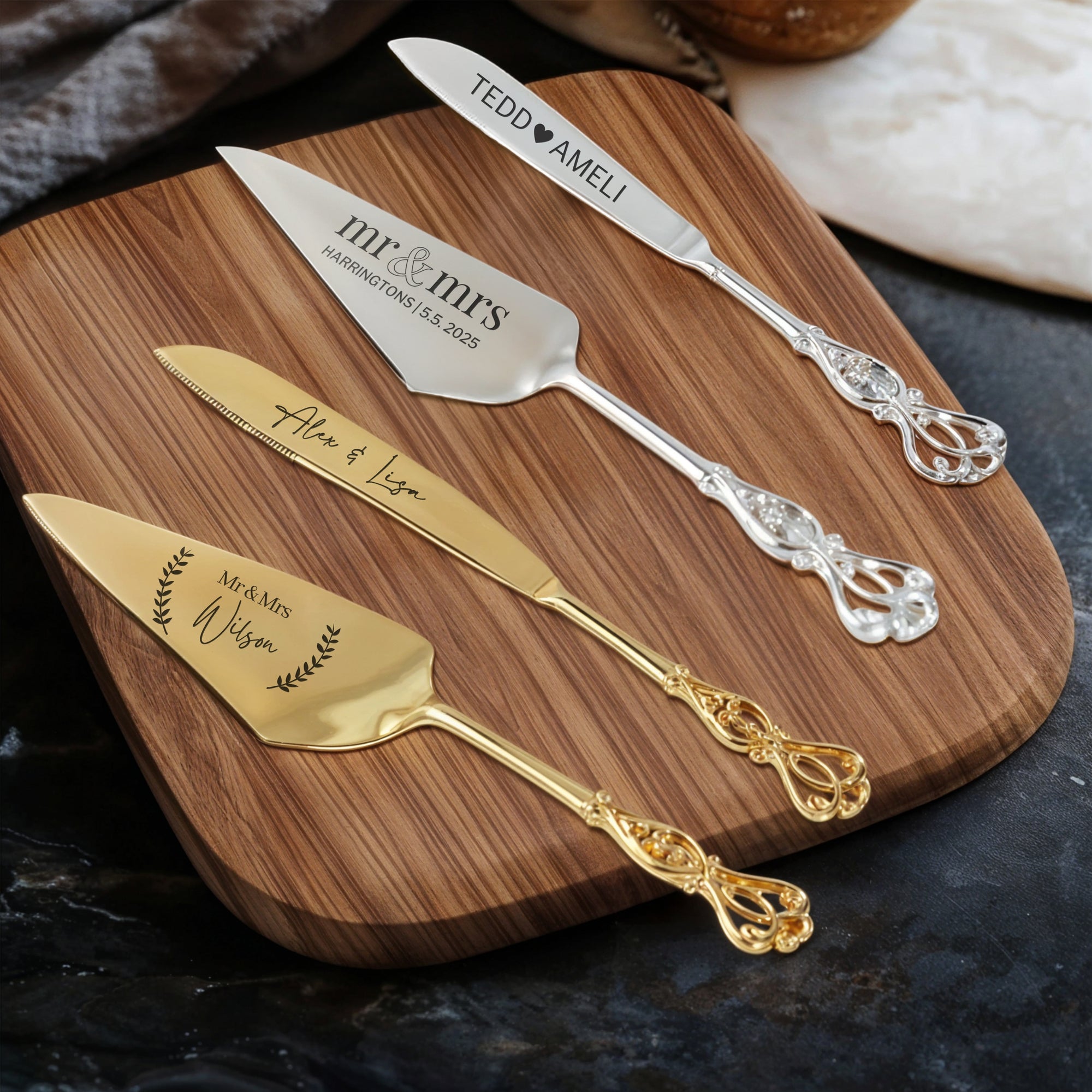 Personalised Gold/ Silver Wedding Plated Cake Serving Set, Custom Engraved Name Date Cutting Pastry Knife & Server Birthday Anniversary Gift
