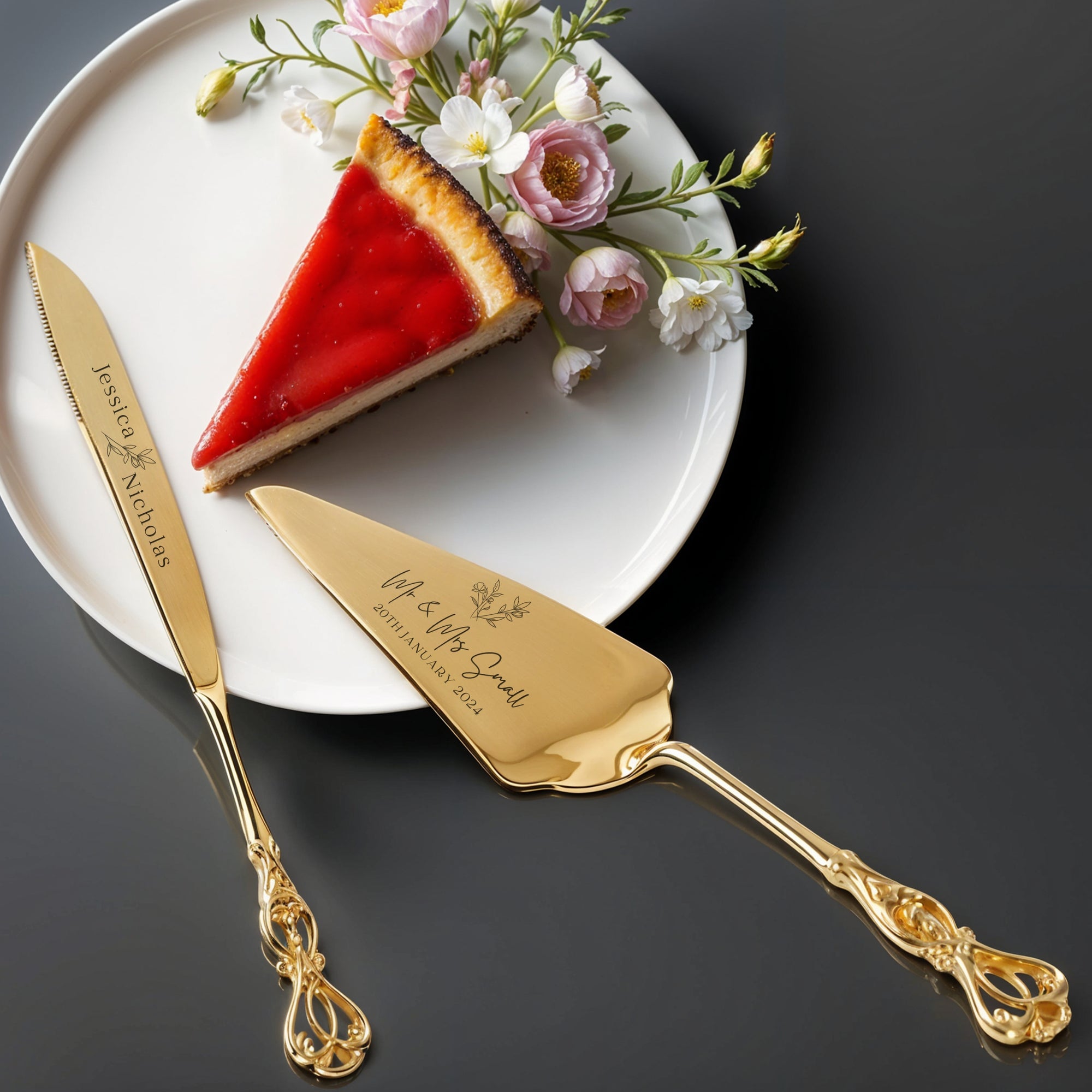 Personalised Gold/ Silver Wedding Plated Cake Serving Set, Custom Engraved Name Date Cutting Pastry Knife & Server Birthday Anniversary Gift