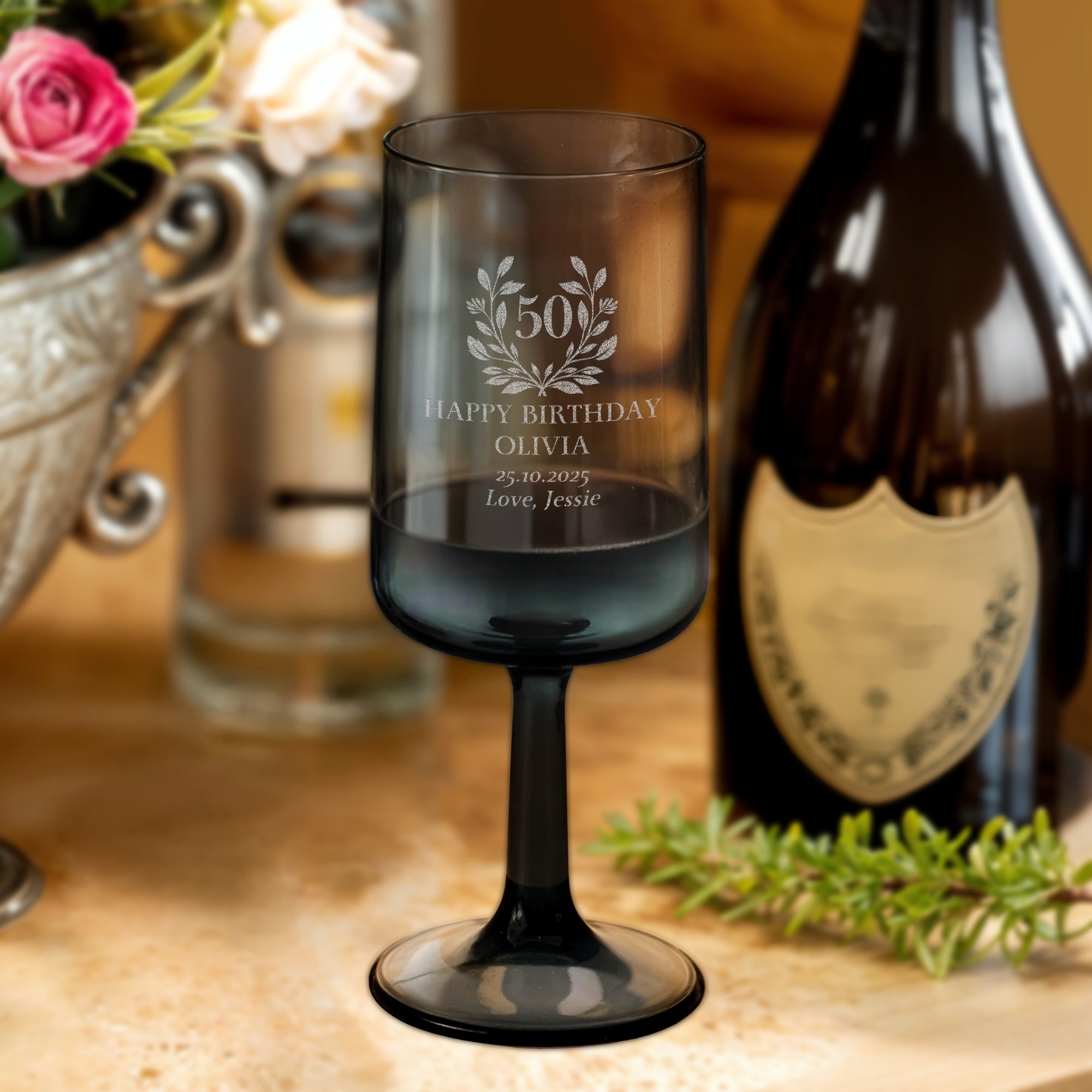 Personalised Grey Wine Glass, Custom Engraved Monogram Beverage Glassware, Logo Barware, Housewarming Birthday Corporate Gift, Wedding Favor