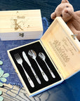 Personalised Kid's Cutlery 4 Piece & Wooden Gifted Box Set, Custom Engraved Children Name Utensils, First Birthday, Christening Baptism Gift