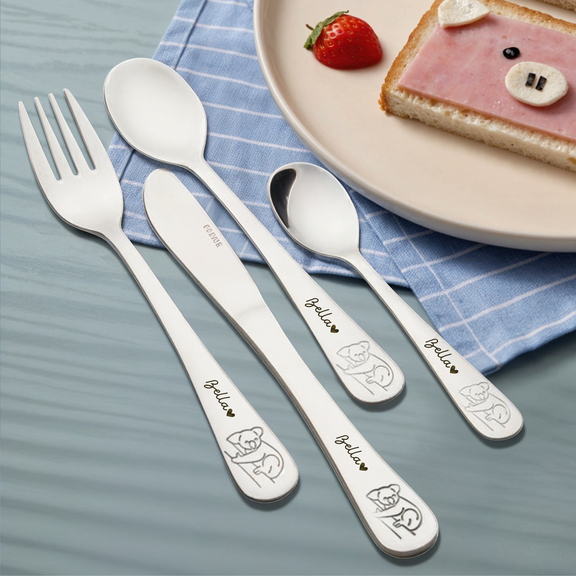 Personalised Kid's Cutlery 4 Piece & Wooden Gifted Box Set, Custom Engraved Children Name Utensils, First Birthday, Christening Baptism Gift