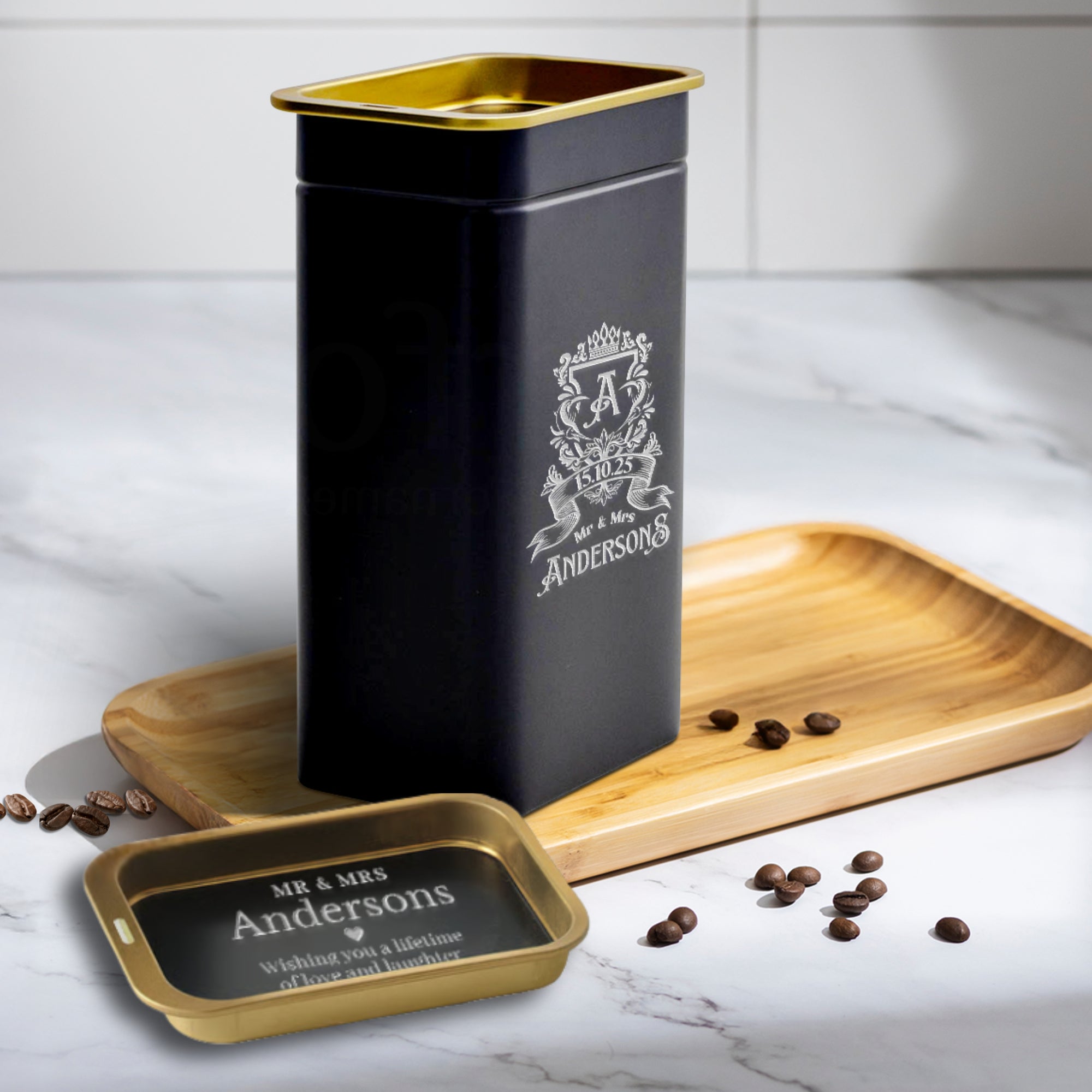 Personalised Matte Black Gold Metal Tin, Custom Engraved Logo Jar, Coffee, Tea Storage, Cookie Lollies Canister, Housewarming, Mom Xmas Gift