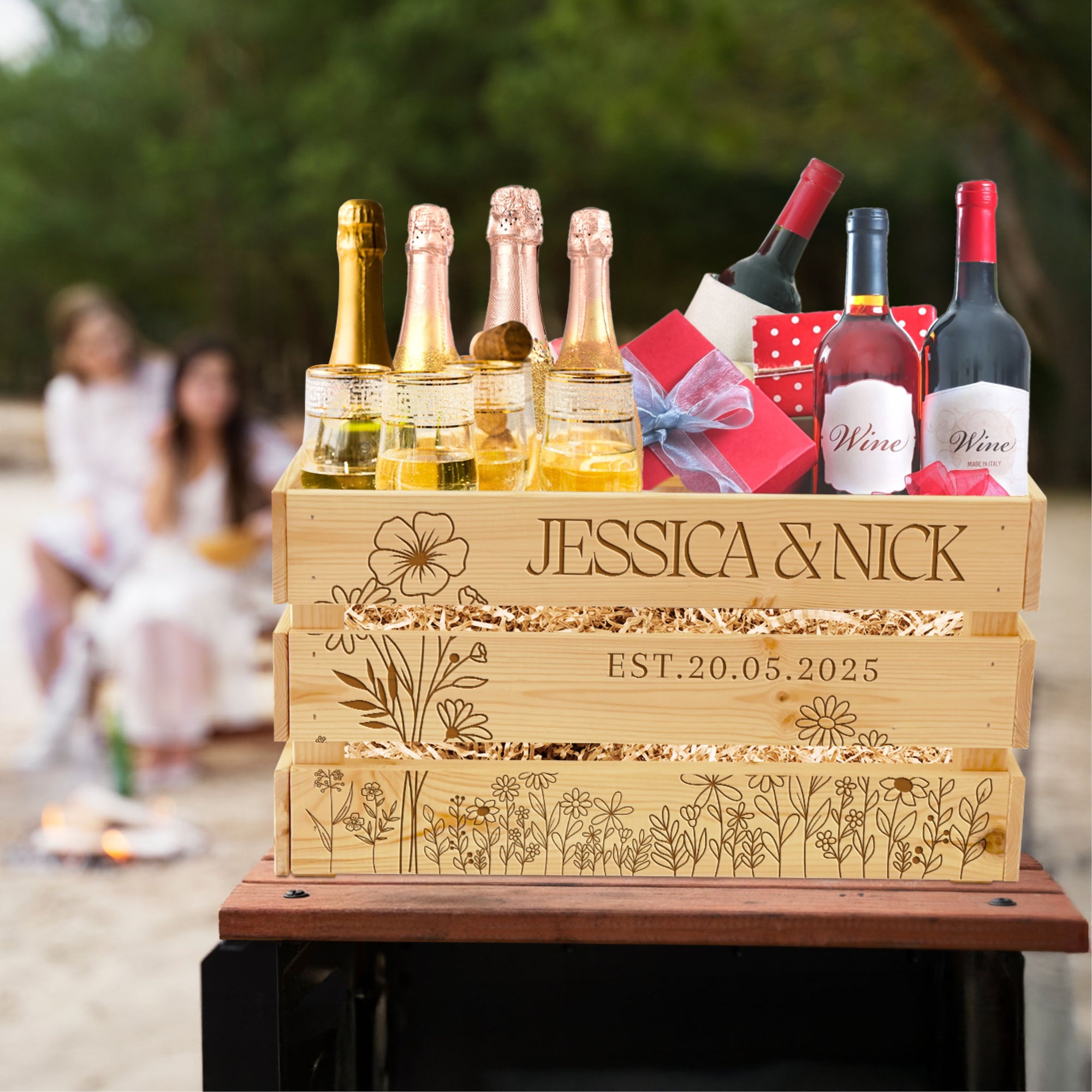 Personalised Wedding Gift Box Crate, Custom Engraved Rustic Farm Organiser Garden Storage, Anniversary Keepsake, Housewarming Corporate Gift