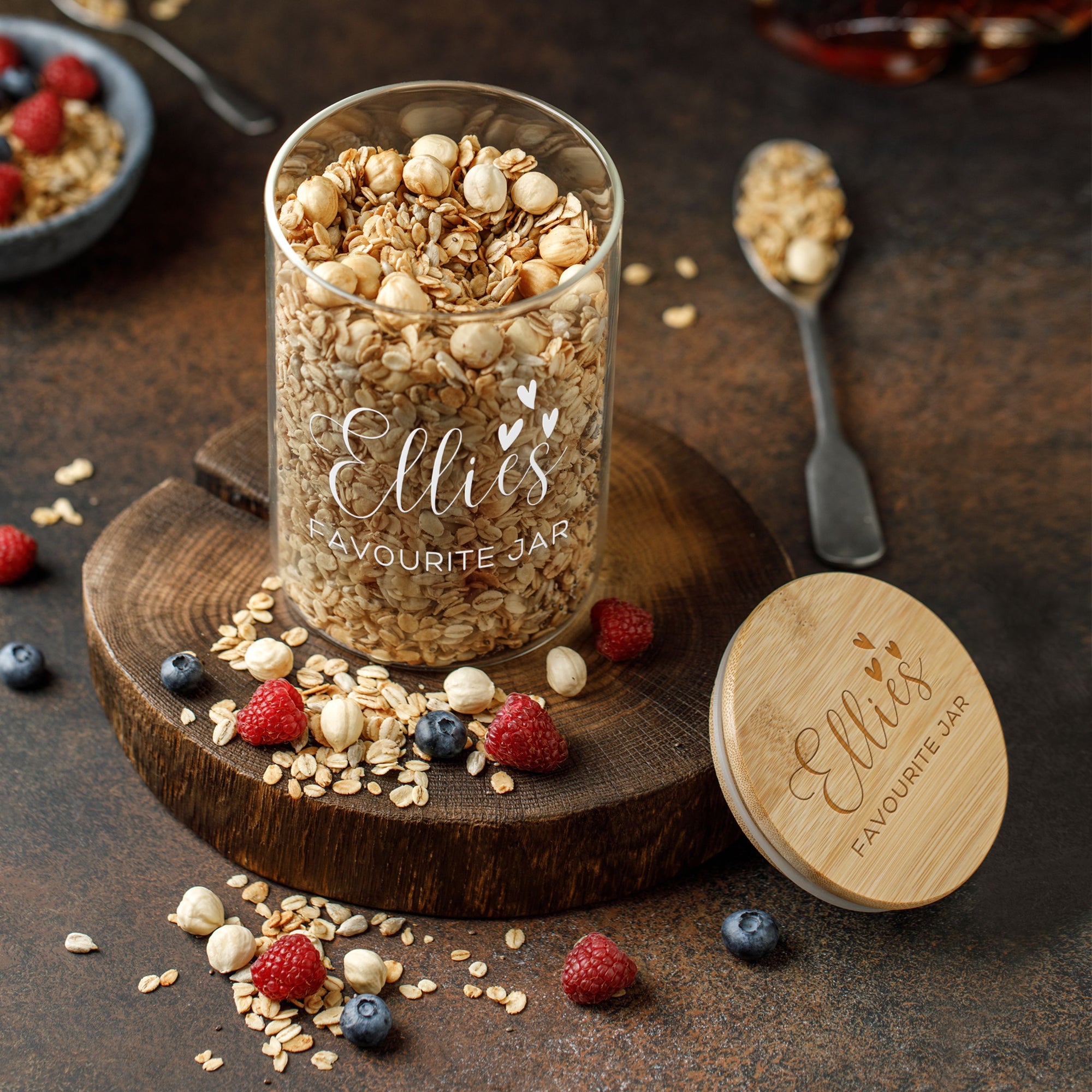 Personalised Wooden Lid Jar, Custom Etched Printed Treat, Food, Snack Glass Storage, Cookie Lolly Canister Teacher Anniversary Mom Xmas Gift